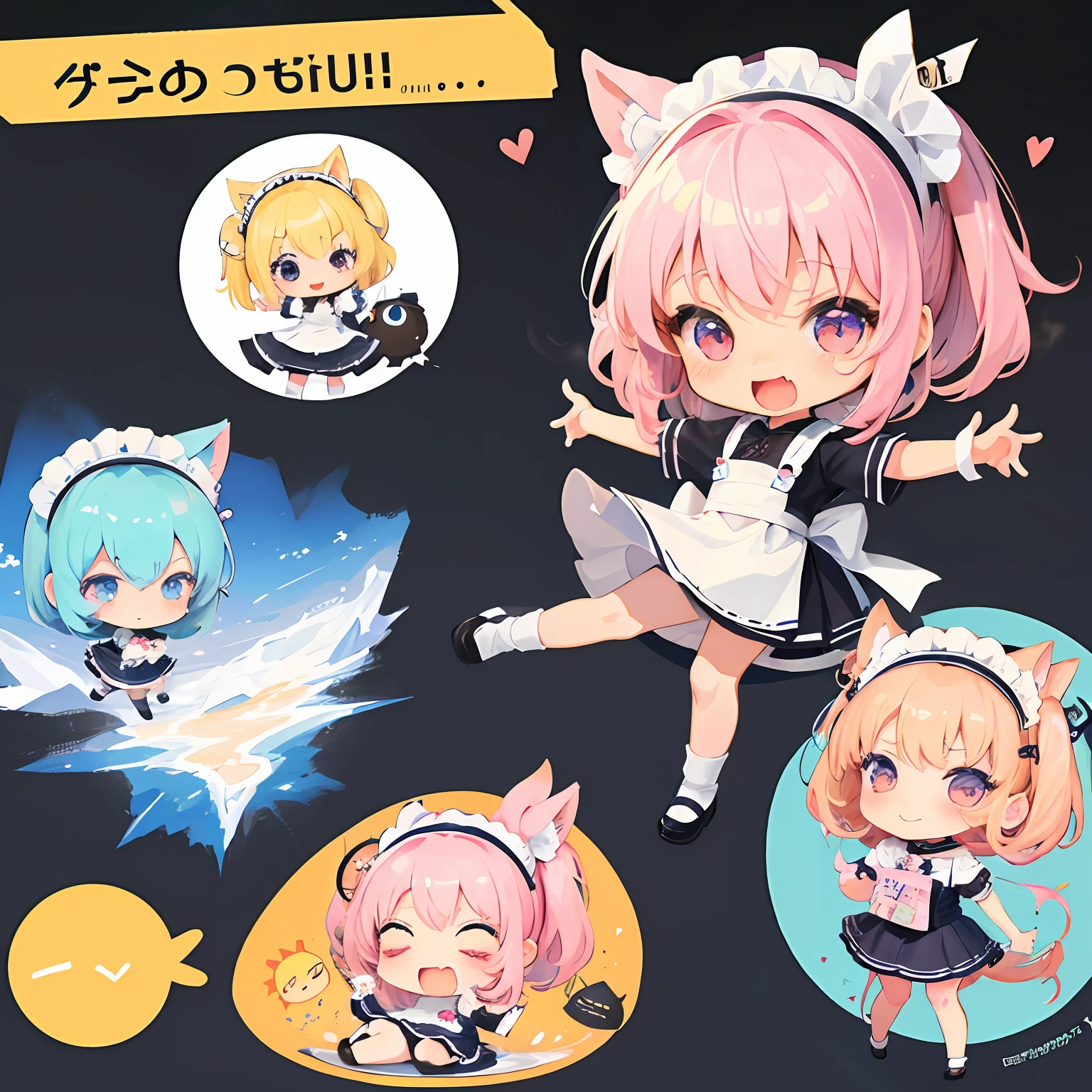 (chibi:1.3) chibi character, deformed, a cute girl, happy, shy, maid clothes anime, manga, illustration, fantasy