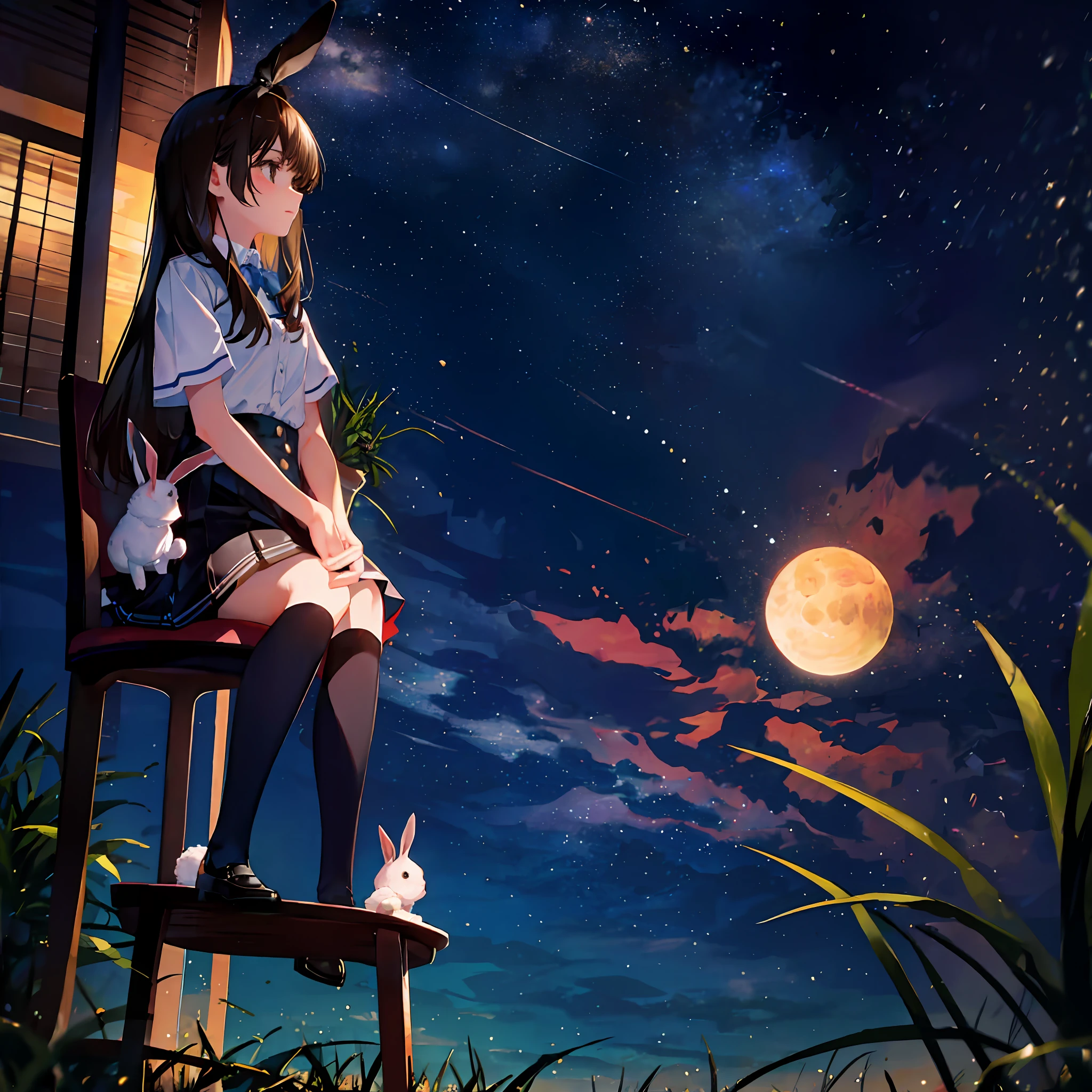 Girl and rabbit looking up at the stars together，Brunette ball head girl，Sitting by the sea in a skirt，Look up at the starry sky with the cute rabbit next to you