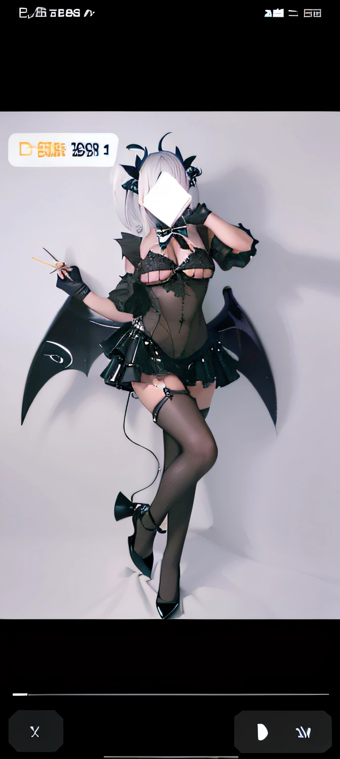 Close-up of a man in costume holding a mobile phone bat, very sexy devil outfit, succubus in tight kilt, a beautiful succubus, Succubus, villainess has black angel wings, bladed wings lace wear, demoness, dark demonic dancer, 2 b, 2b, monstergirl, anigirl batman, full body devil woman