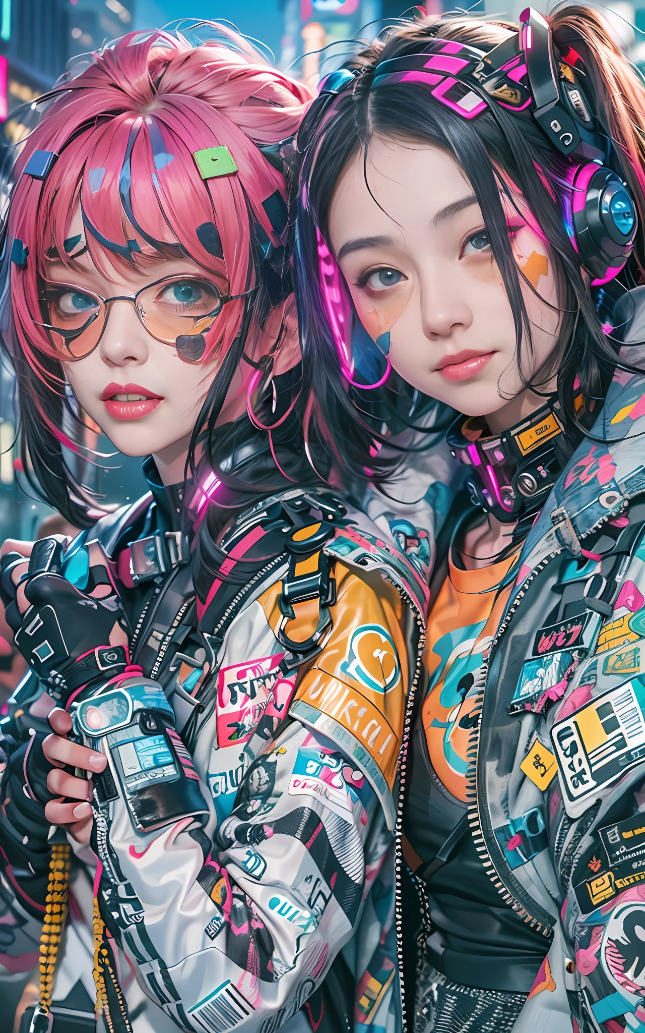 masterpiece, best quality, 2 ((smiling)) cyberpunk girls standing together, Harajuku-inspired cyberpunk body harness, bold colors and patterns, eye-catching accessories, trendy and innovative hairstyle, dazzling Cyberpunk cityscape, skyscrapers, neon signs, LED lights, bright and vivid color scheme, anime, illustration, detailed skin texture, detailed cloth texture, beautiful detailed face, intricate details, ultra detailed.