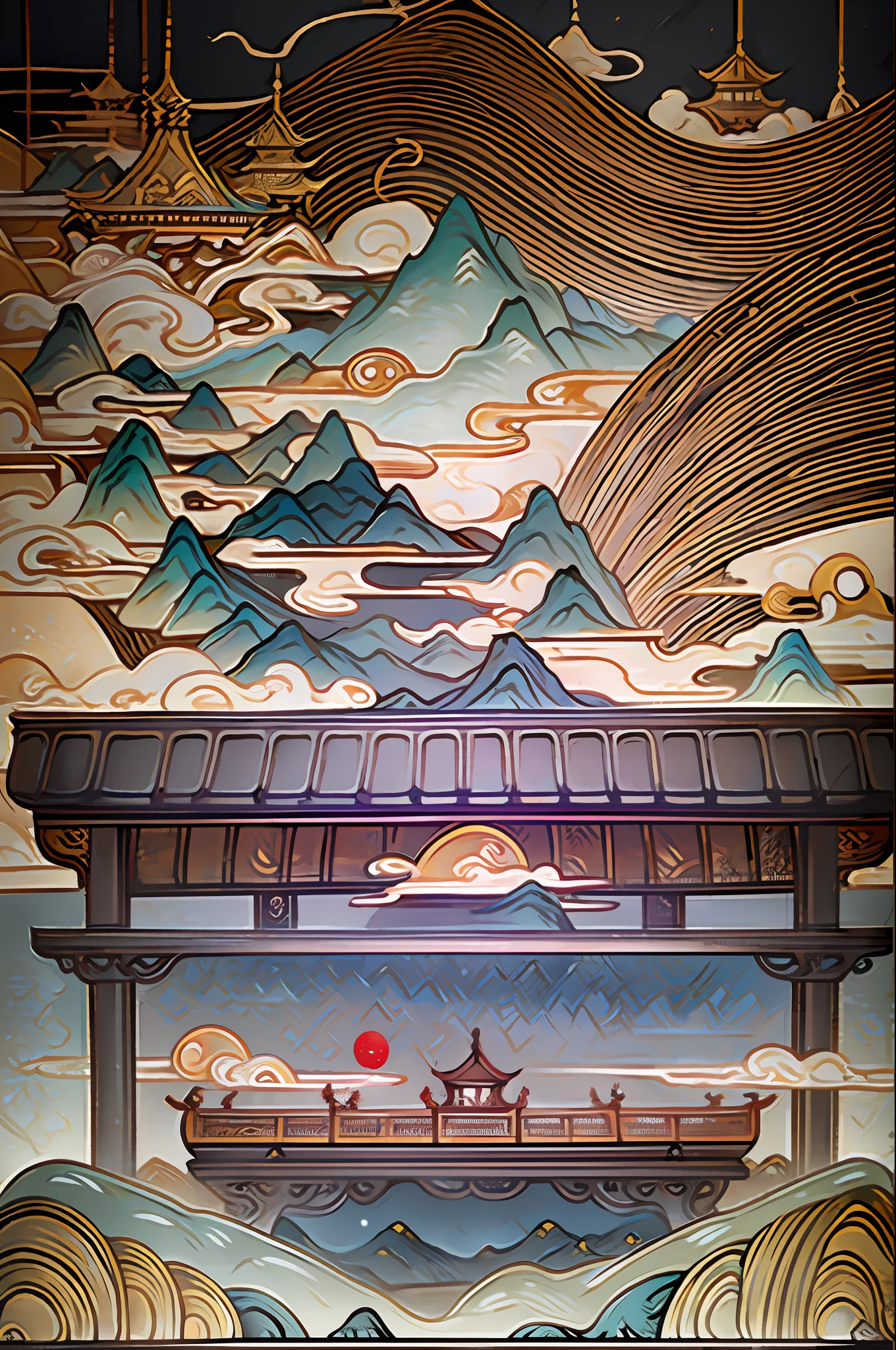 An ancient Chinese painting, ancient Chinese background, mountains, rivers, auspicious clouds, pavilions, sunshine, masterpieces, super detail, epic composition, ultra HD, high quality, extremely detailed, official art, unified 8k wallpaper, Super detail, 32k -- v 6