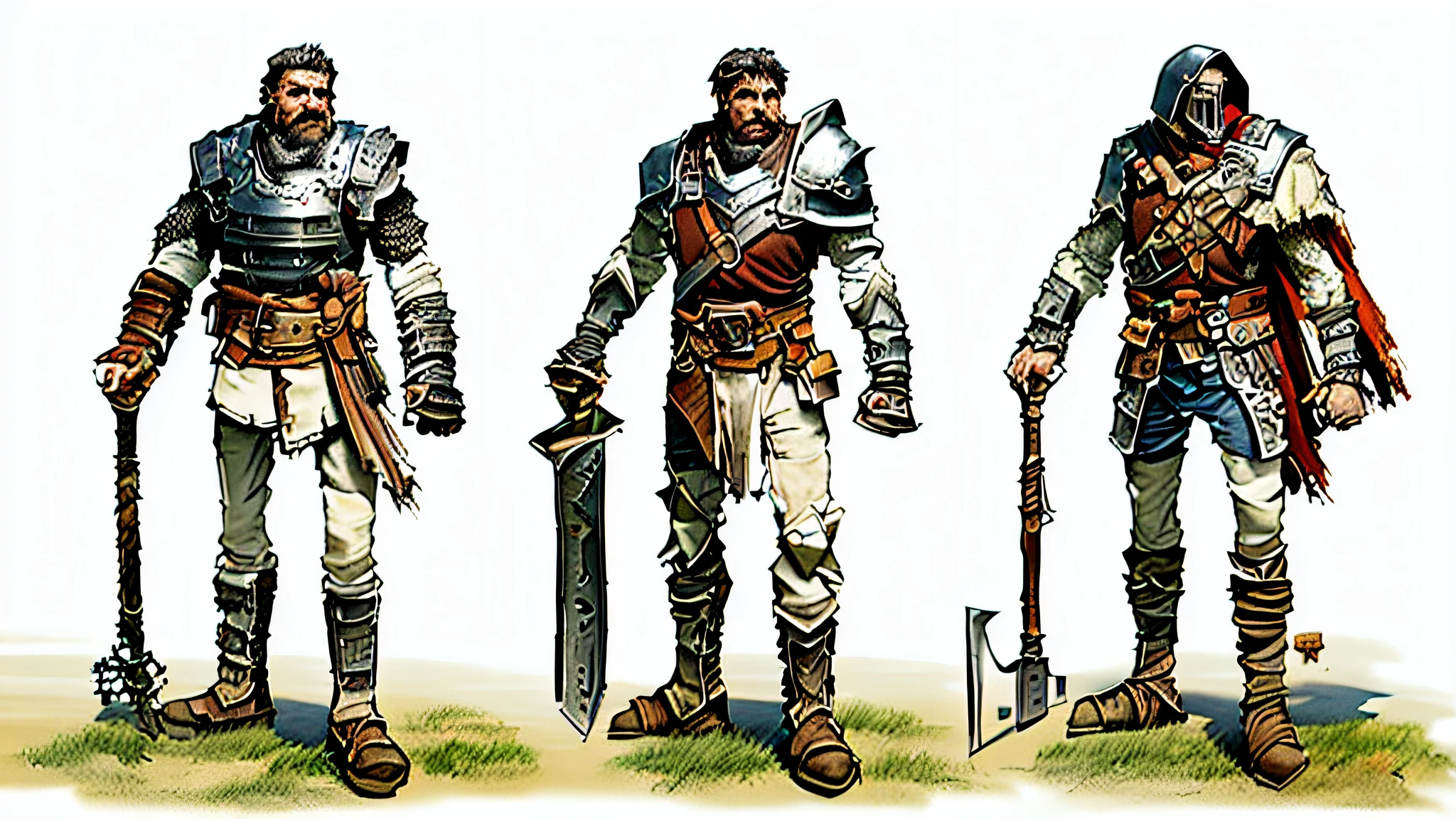best quality, masterpiece, highly detailed, colored concept art sheet of three characters with weapons and leather and metal armor in a fantasy world, character concept art, warm colors, ultra sharp, realistic rendering, detailed full body, ultra detailed, 8k, trending on artstation, ultra realistic and sharp detail and intricate, intricate details, and style, simple background illustration, white flat background