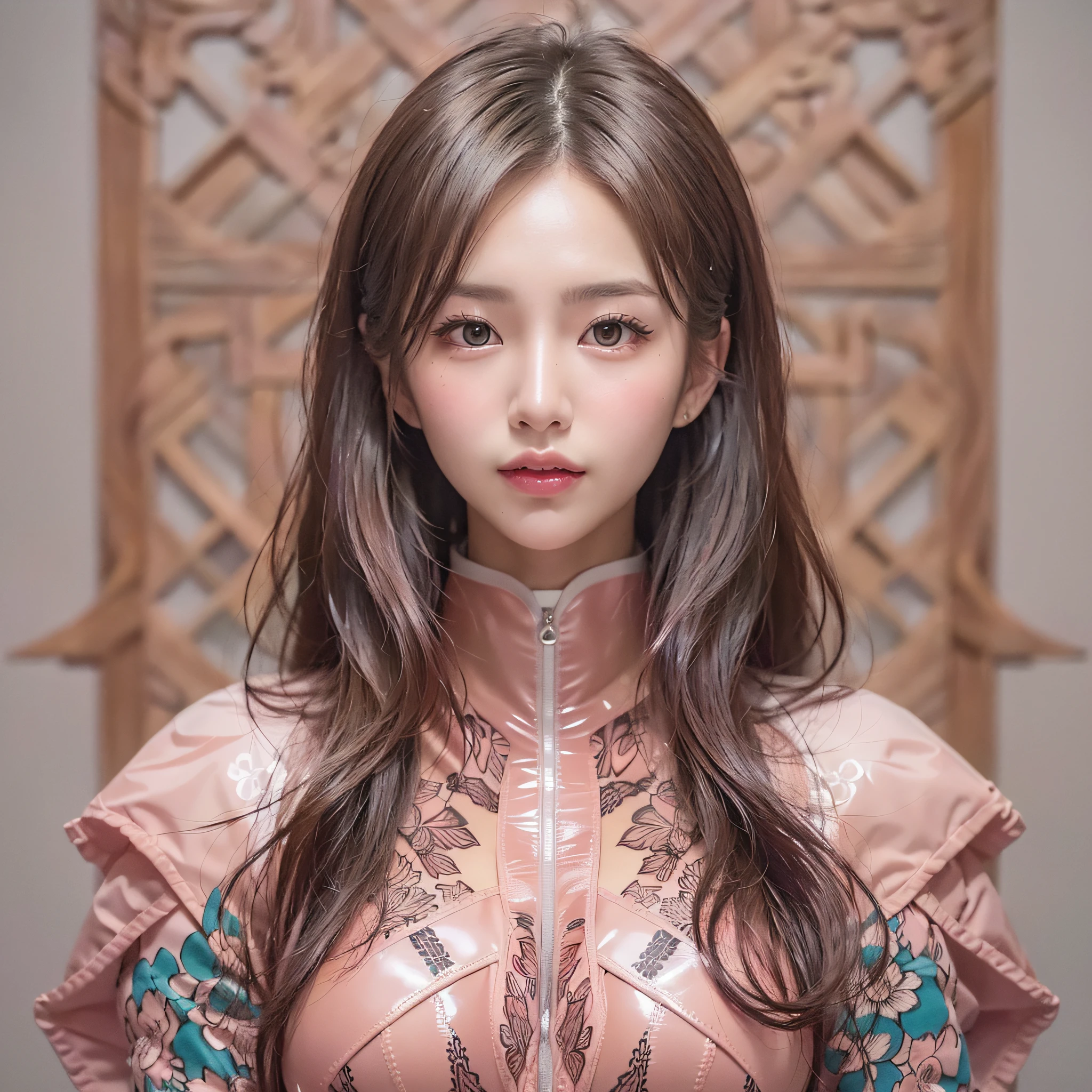 (fullbody:1.5), (Background, symmetrical, Compositions with coloful geometric arabesque patterns):1.3, (poneyTail, dark brown hair), (top-quality, Photorealsitic:1.4, masterpiece:1.3, RAW Photography:1.2, cinematric light, very detailed illustration), (1woman:1.3, solo), (asian girl, ultra delicate face, ultra Beautiful fece, ultra delicate eyes, ultra detailed nouse, ultra detailed mouth, ultra detailed facial features), (rubber, garterbelts, Pink Bontage Suit:1.37), (medium breast:1.3), from the front side, skiny, lipgloss, Show cleavage