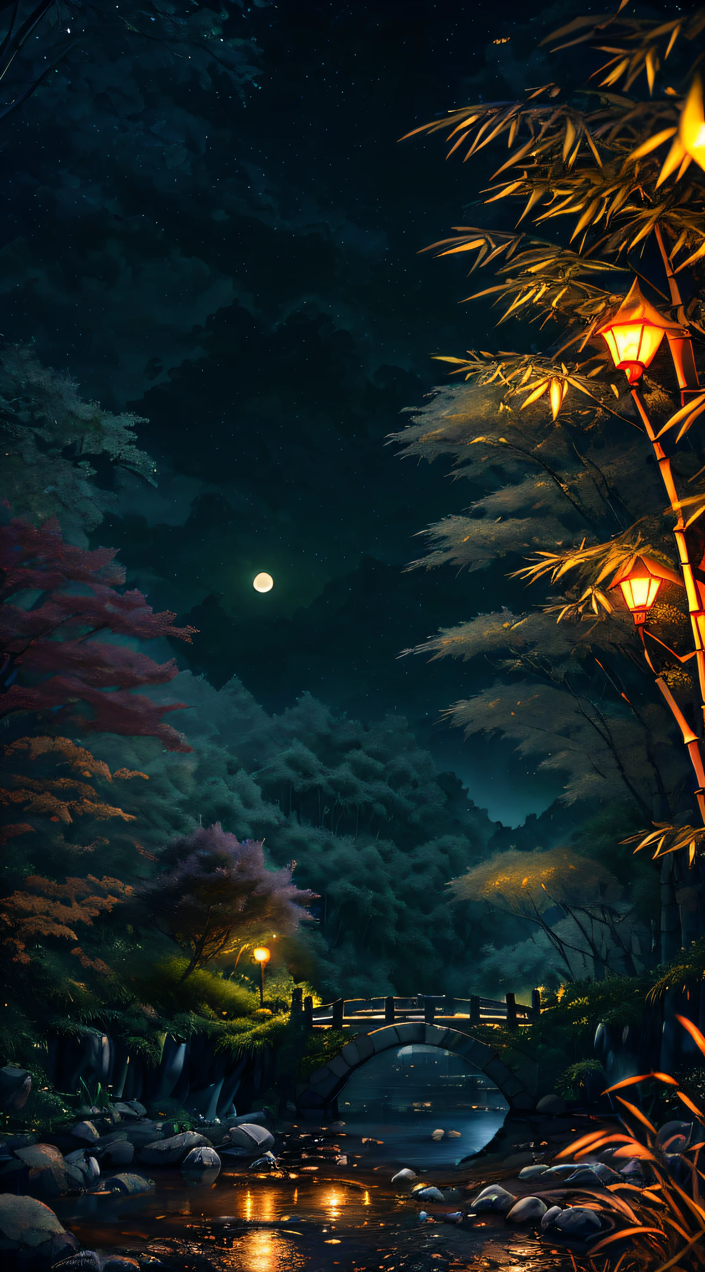 ((diffuse colors)) Ancient Chinese architecture, cool colors, dark night, moon, garden, bamboo, lake, stone bridge, rockery, arch, corner, tree, running water, landscape, outdoor, waterfall, grass, rock, intense rainfall, thunderstorm, vines all around, giant and wet trees, with glowing leaves in the trees, glowing fireflies and glowing particle effects, masterpiece, best quality, high quality, extremely detailed CG unity 8k wallpaper, oil paiting, award winning photography, Bokeh, Depth of Field, HDR, bloom, ,Photorealistic,extremely detailed, trending on artstation, trending on CGsociety, Intricate, High Detail, dramatic, art by midjourney, volumetric lighting