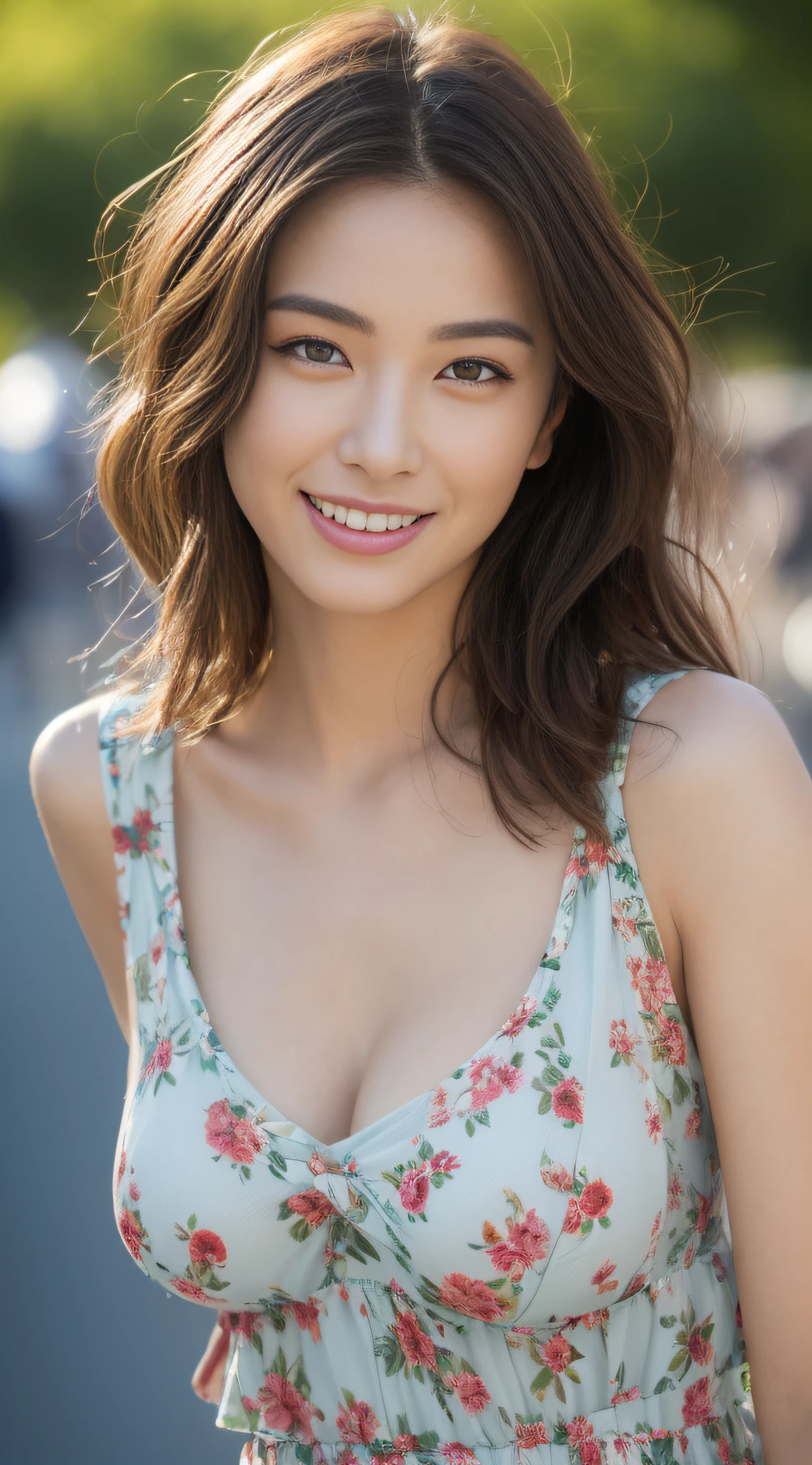 ((top-quality、8K、masterpiece:1.3))、sharp:1.2、Perfect Body Beauty:1.4、Slim abs:1.2、((Colossal tits:1.2))、(Floral dress:1.1)、(Street:1.2)、Wetty:1.5、Intelligent features、Wavy Hair、Highly detailed facial and skin texture、A detailed eye、二重まぶた、Aspect of looking at the camera、A smile
