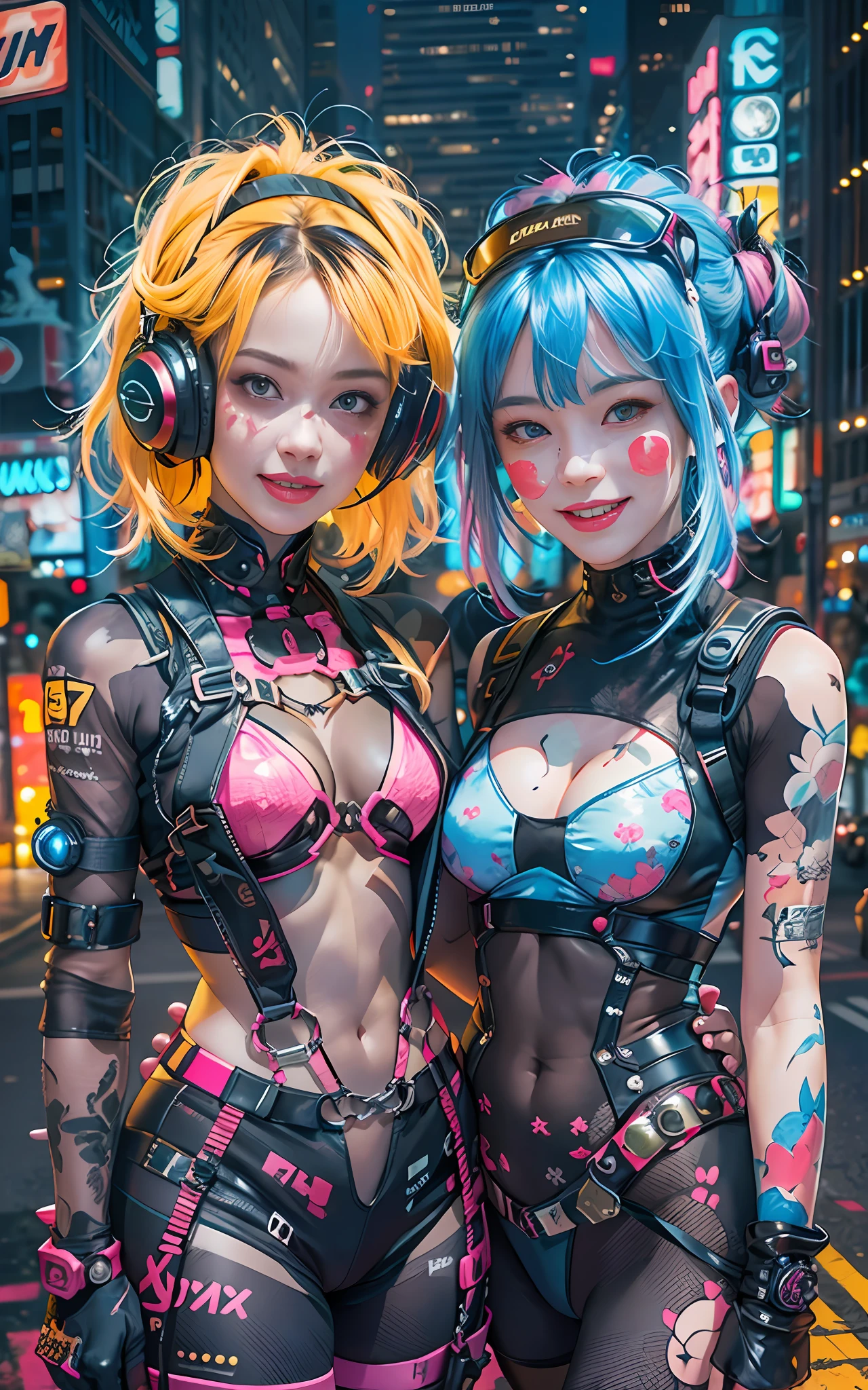 masterpiece, best quality, 2 ((smiling)) cyberpunk girls standing together, Harajuku-inspired cyberpunk body harness, bold colors and patterns, eye-catching accessories, trendy and innovative hairstyle, dazzling Cyberpunk cityscape, skyscrapers, neon signs, LED lights, bright and vivid color scheme, anime, illustration, detailed skin texture, detailed cloth texture, beautiful detailed face, intricate details, ultra detailed.