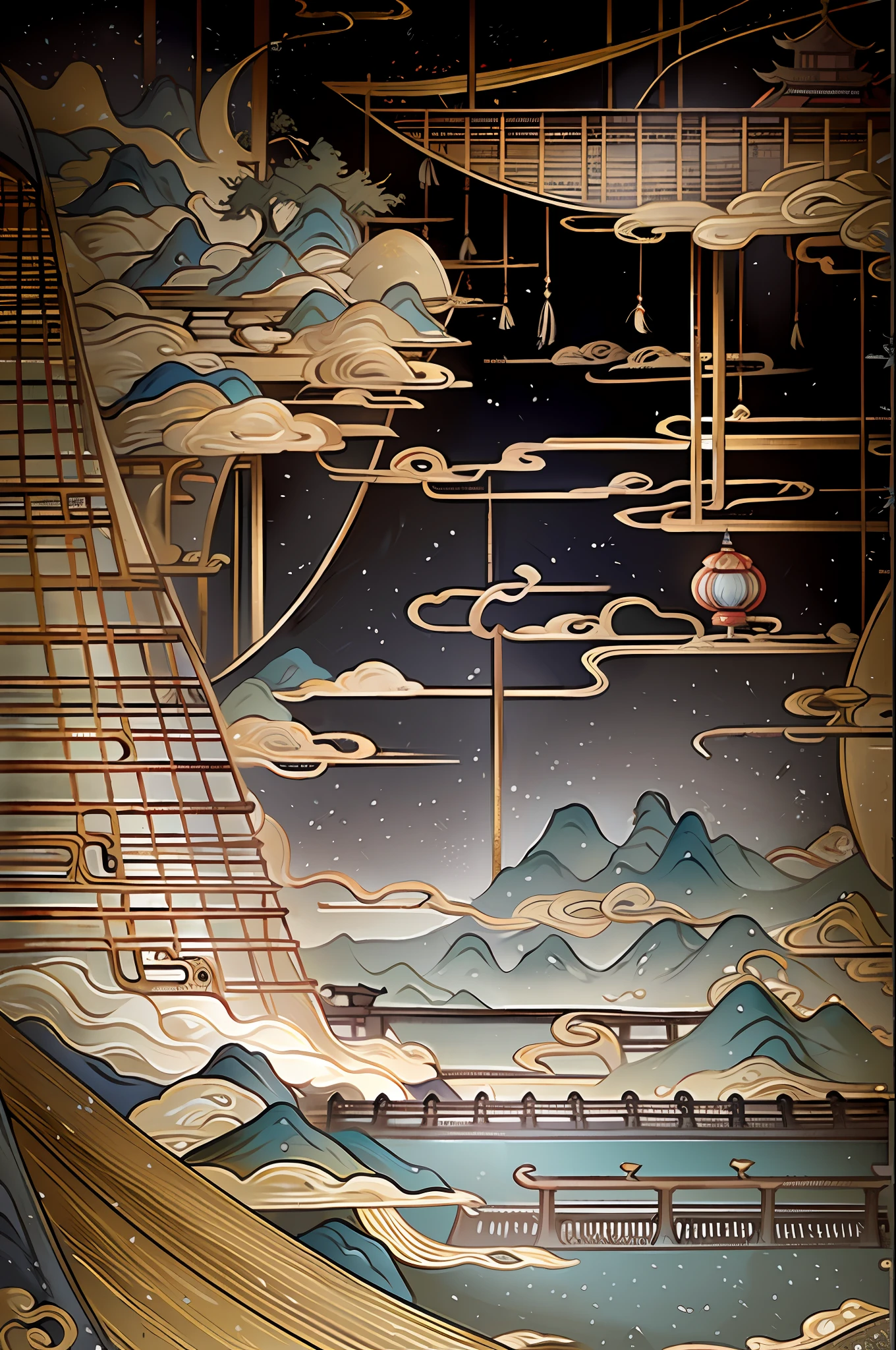 An ancient Chinese painting, ancient Chinese background, mountains, rivers, auspicious clouds, pavilions, sunshine, masterpieces, super detail, epic composition, ultra HD, high quality, extremely detailed, official art, unified 8k wallpaper, Super detail, 32k -- v 6