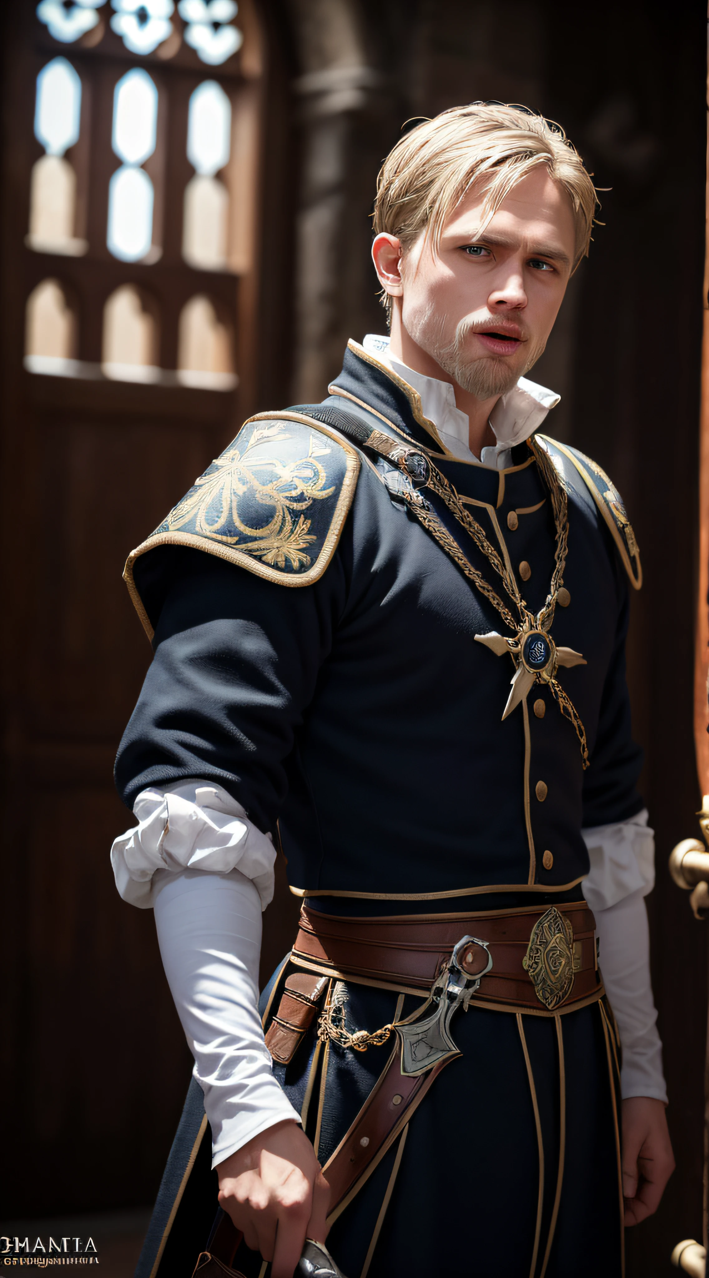Personagem, Rei Arthur, charlie hunnam, roupas do filme, lenda da espada, realisticamente, segurando espada, dynamic lights, filmagem completa, (papel de parede 8k extremamente detalhado da unidade CG), trending on ArtStation, trend at CGSociety, alto detalhe, foco nítido, dramatic, fotorrealista, cavanhaque, em um castelo medieval