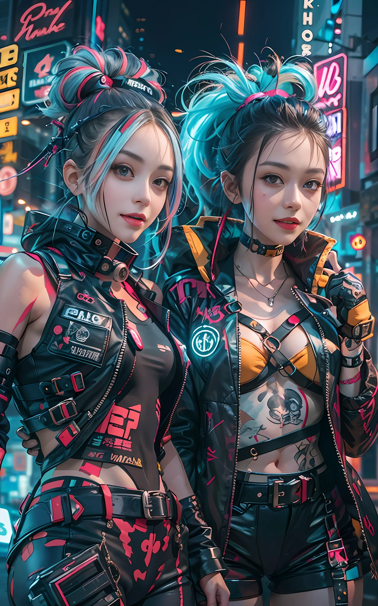 masterpiece, best quality, 2 ((smiling)) cyberpunk girls standing together, Harajuku-inspired cyberpunk body harness, bold colors and patterns, eye-catching accessories, trendy and innovative hairstyle, dazzling Cyberpunk cityscape, skyscrapers, neon signs, LED lights, bright and vivid color scheme, anime, illustration, detailed skin texture, detailed cloth texture, beautiful detailed face, intricate details, ultra detailed.