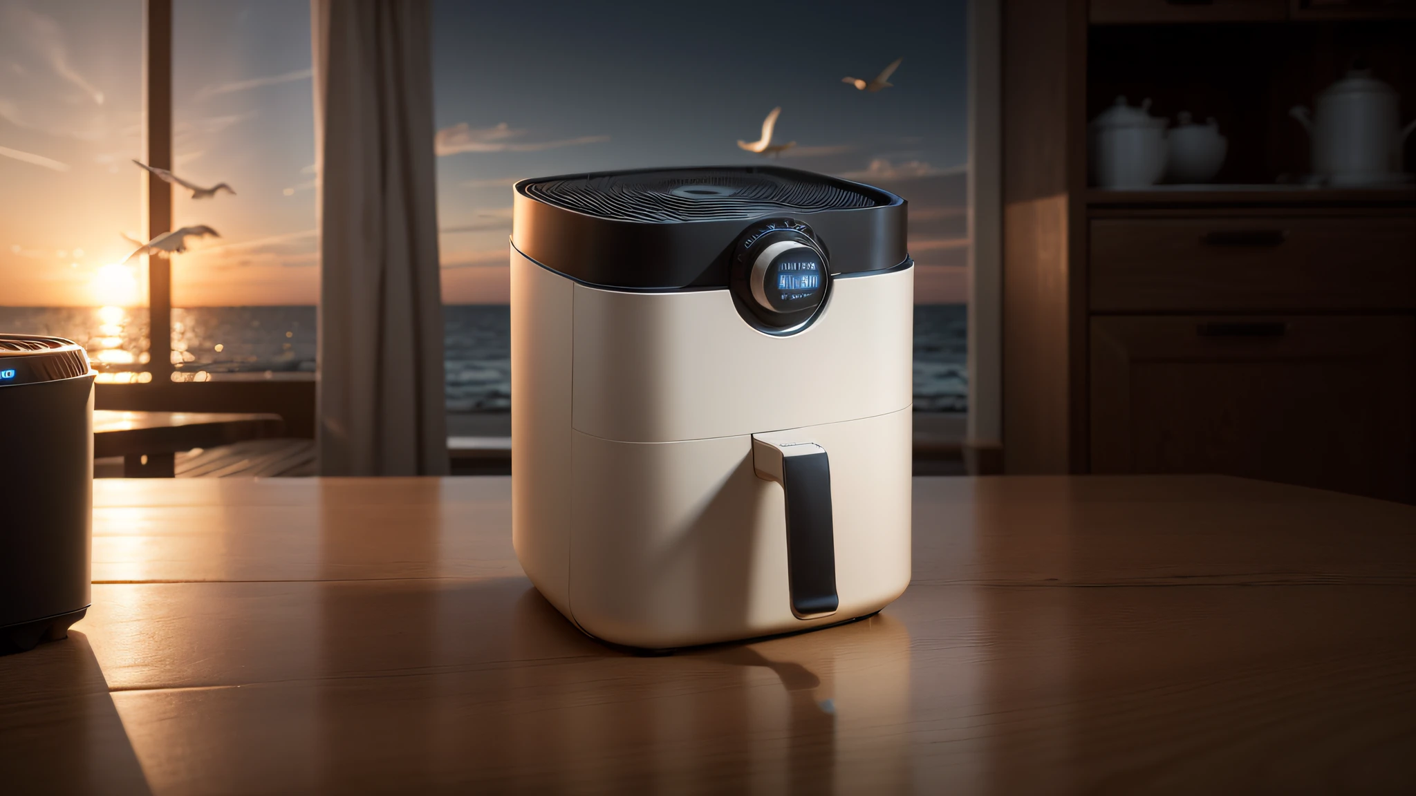 Air fryer placed on the table,the sea,Seagulls in the sky,Dusk,Evening clouds,The golden sun rises in the distance, Sea waves,seagulls,Modern tall house in the distance , Chiaroscuro, hyper HD, 8K, Best picture quality ,realisticlying,Foto realism,cupboard,Lens perspective blur,Bright lights,Realistic lighting