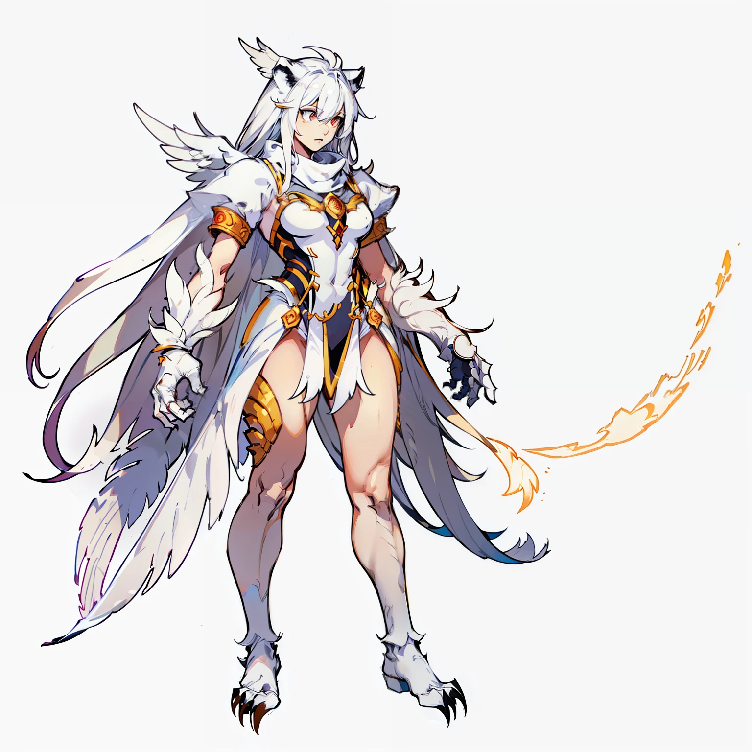 White body color, white feathers growing on the back,,, Full body shot, No background, Angel, Kaiju, NOhumans, No eyes, Long tube hair, Lion limbs,