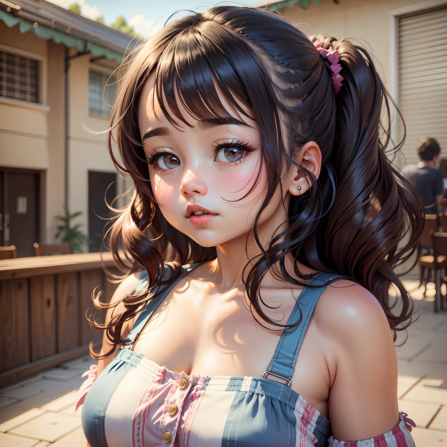 black hair, ahoge, one side up, mouth veil, leaf hair ornament, heterochromia, color contact lenses, hoop earrings, full-face blush, oral invitation, Genre painting, Cubism, ray tracing, Canon, HD, textured skin --auto