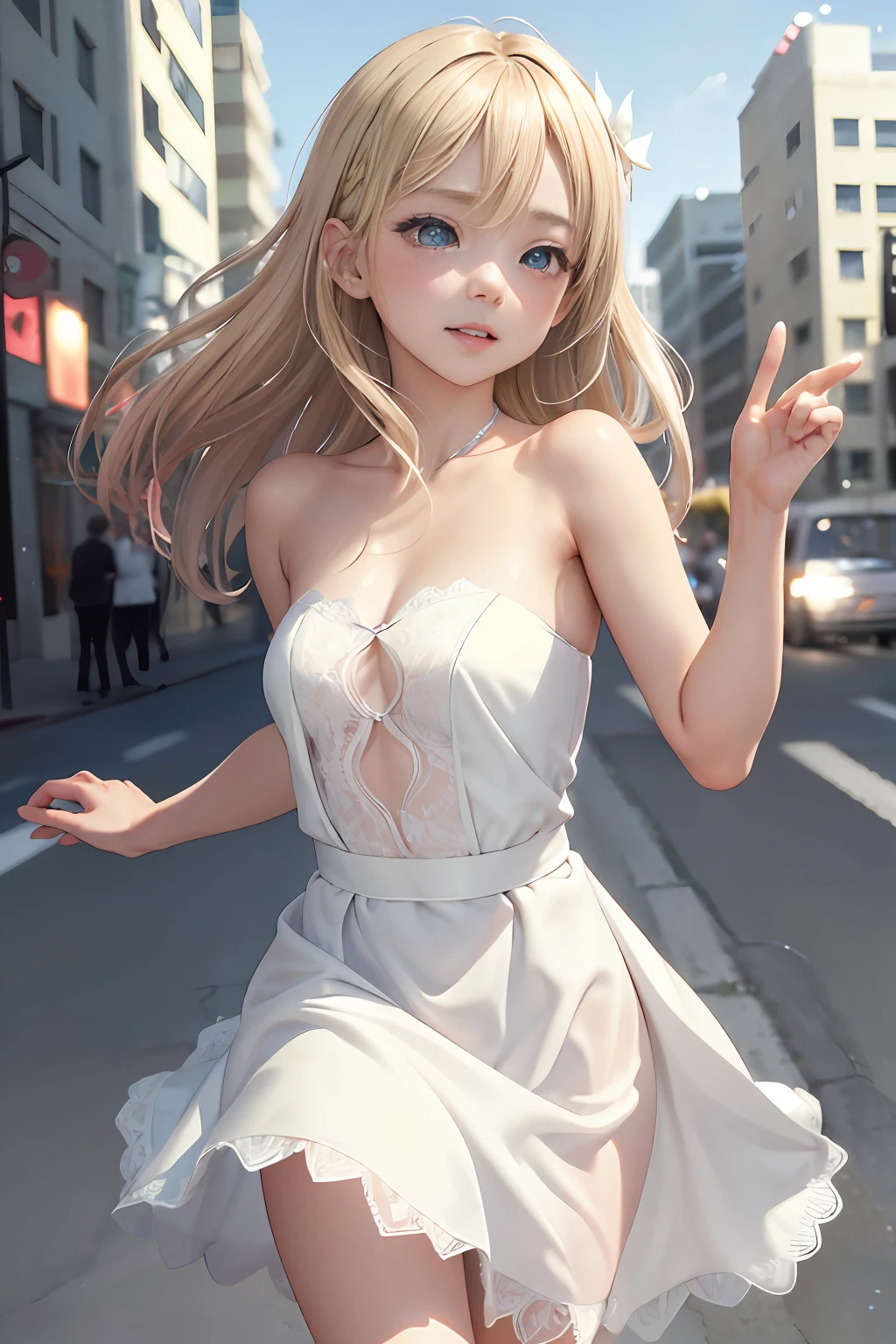 1girll,Lace strapless dress， blond hairbl, Jump up with joy，happy，Fluttering, urban backdrop, perfect  eyes, perfect hand, 超高分辨率, Movie Angle, Professional lighting, best qualtiy, tmasterpiece, Sideslit, Sharp, Perfect focus，Background bokeh，realisticlying，（Delicate eyes：1.3），realisticlying，（3D脸：1.1），（Glow skin：1.5），（Ultra-high resolution complex facial details），（Facial skin pores：1.3），Ultra-high ress fabric texture，8k eye details，8K pupils，