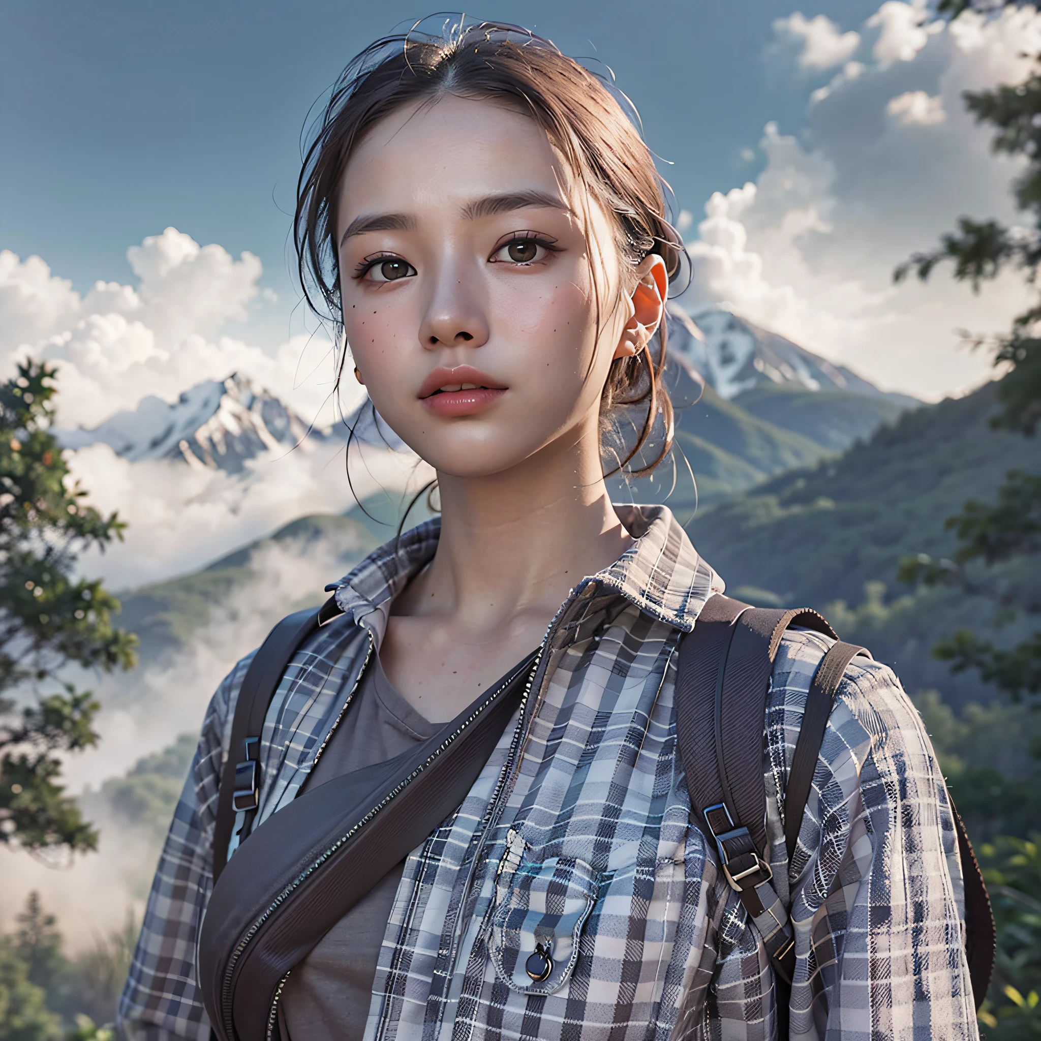 (Background, Magnificent mountain views, blue open sky, white clouds):1.3, The upper part of the body, (the morning sun), (medium hari, dark brown hair), (top-quality, Photorealsitic:1.4, masterpiece:1.3, RAW Photography:1.2, cinematric light, very detailed illustration), (1woman:1.3, solo), (Black and white Gingham Check Shirt, Keep the hem of the shirt out), (Carrying a backpack), (Walking along a mountain trail), (ultra delicate face, ultra Beautiful fece, ultra delicate eyes, ultra detailed nouse, ultra detailed mouth, ultra detailed facial features), (medium breast:1.3)