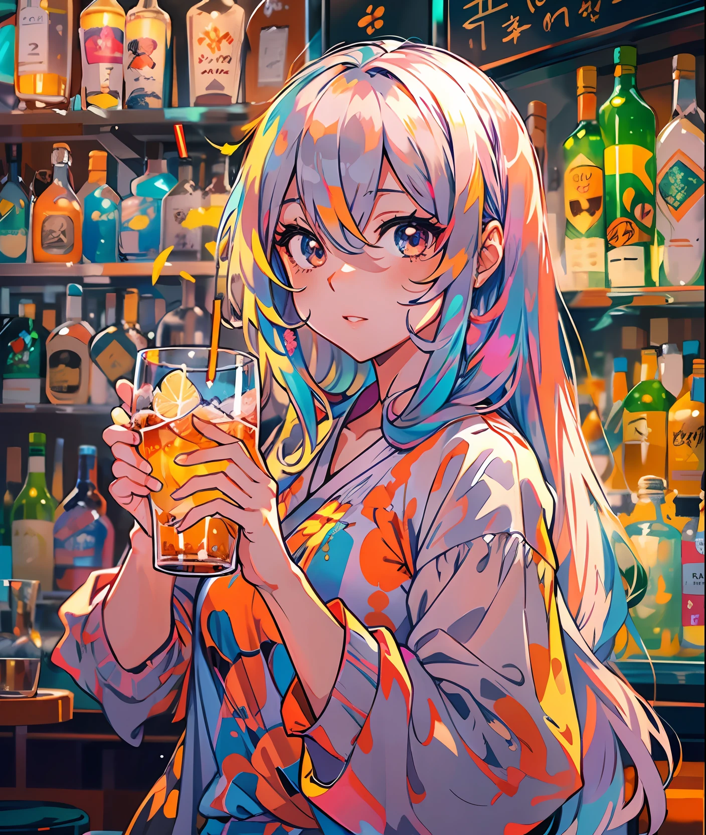 anime girl, vibrant bar scene, holding a glass of vibrant and colorful cocktail.