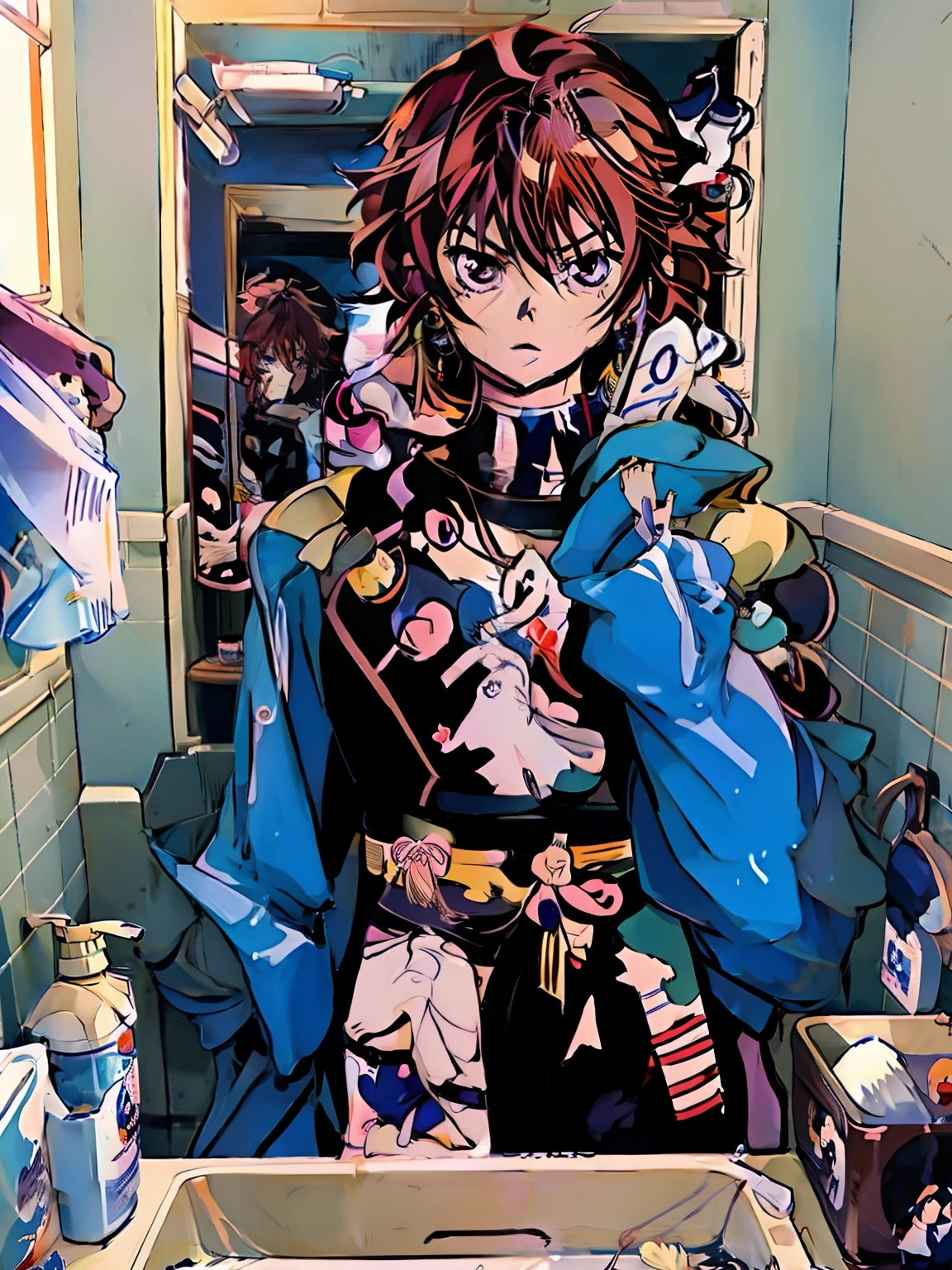 anime characters in a bathroom with a mirror and a sink, trigger anime artstyle, Anime style. 8K, anime moe art style, inspirado em Okumura Masanobu, anime figure; Full-body art, style of anime4 K, Best anime 4k konachan wallpaper, High Quality Anime Art Style, Keqing from Genshin Impact