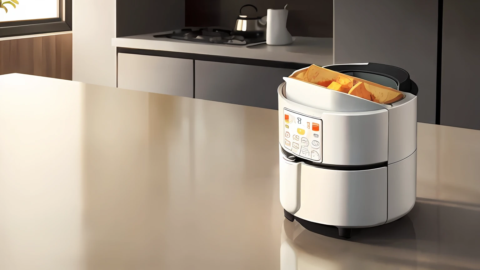 Air fryer placed on the table, Food next to it,Off-white style,In the distance are cabinets,Minimalist style,hyper HD, 8K, Best picture quality ,realisticlying,Foto realism,cupboard,Lens perspective blur,