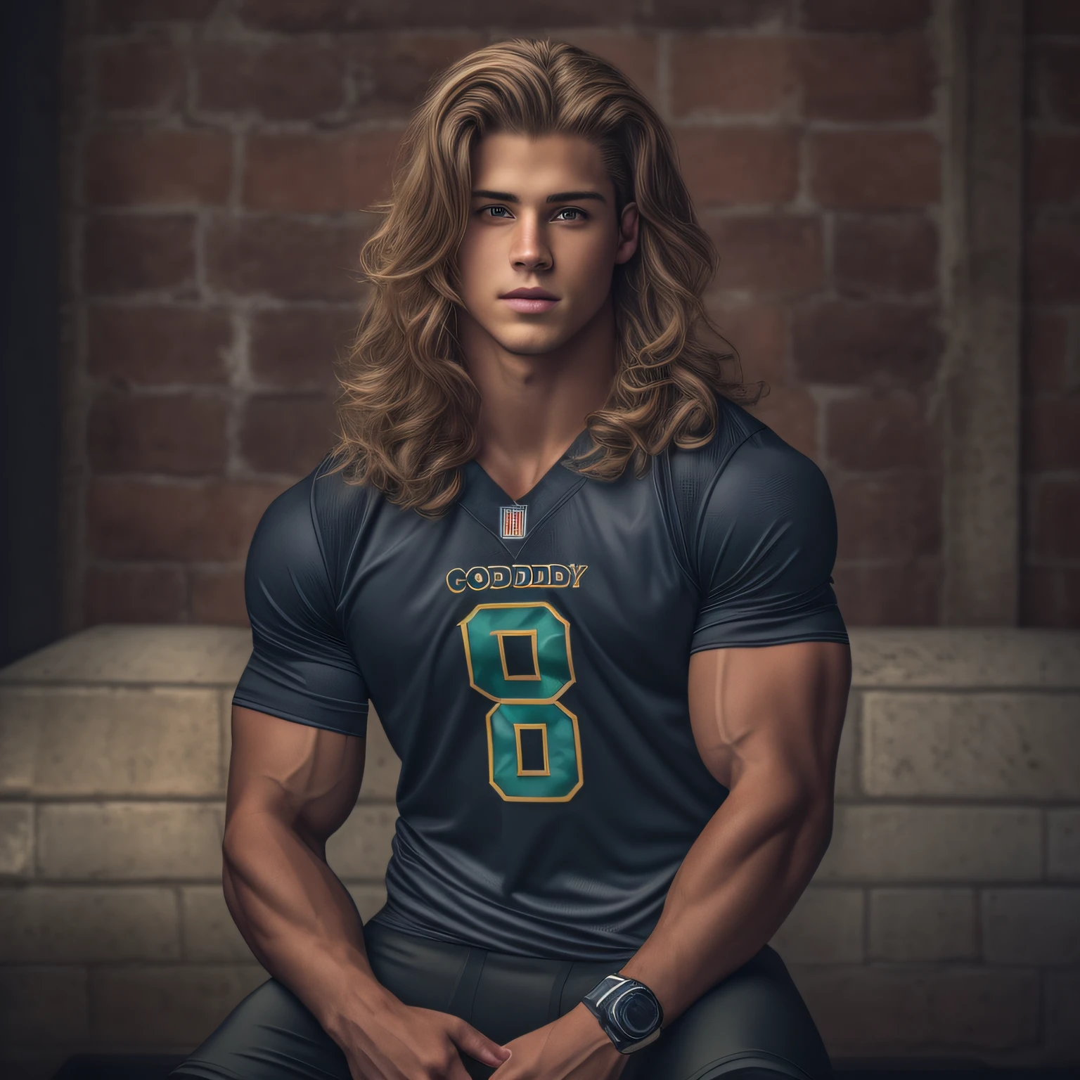 An 18-year-old boy musclejock, embodying the perfect fusion of Joey Lawrence and Cody Calafiore with long hair, exuding an aura of strength and confidence. Enhanced with HDR technology, this image depicts a true masterpiece, 4K resolution, croptop football jersey, mesh jersey, scrimmage jersey