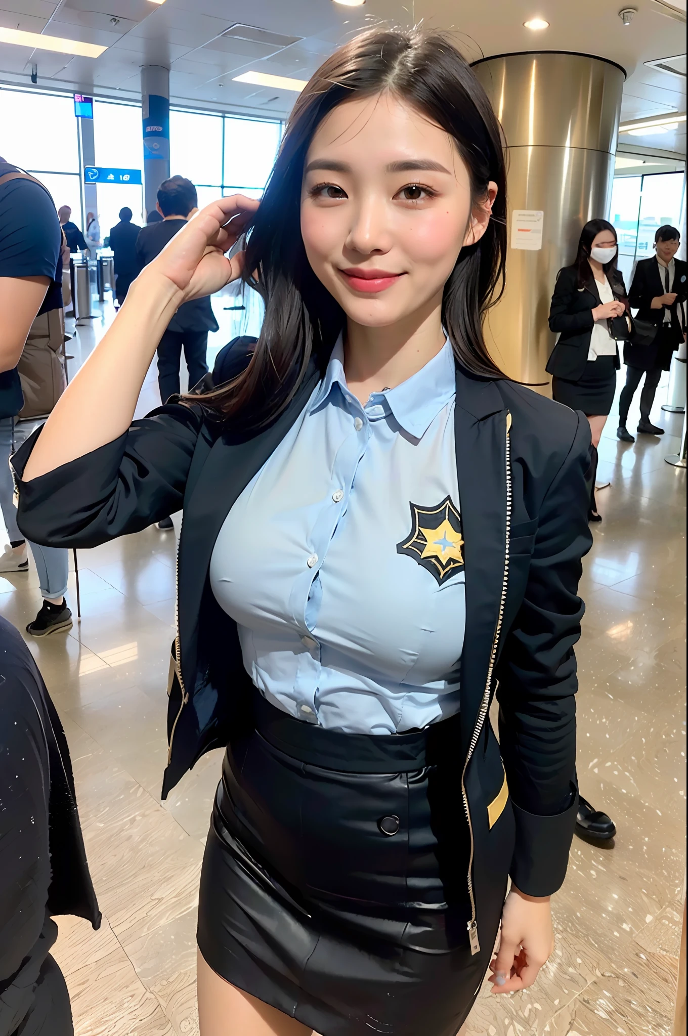 1 girl in、(Photorealsitic、hight resolution:1.4)、full bodyesbian(8k、RAW Photography、top-quality、masterpiece:1.2)、(realisitic、Photorealsitic) :1.37)、((de pele branca:1.2)、huge tit、20 years girl、soio、Viewer's Perspective、(Middle hair:1.5)、Planes、airport、stewardess uniform、formal jackets、realisitic、(masterpiece:1.4)、(top-quality:1.4)、(glowy skin)、a smile(Skinny、Mouth closure、full of shyness:1.3)、a miniskirt、