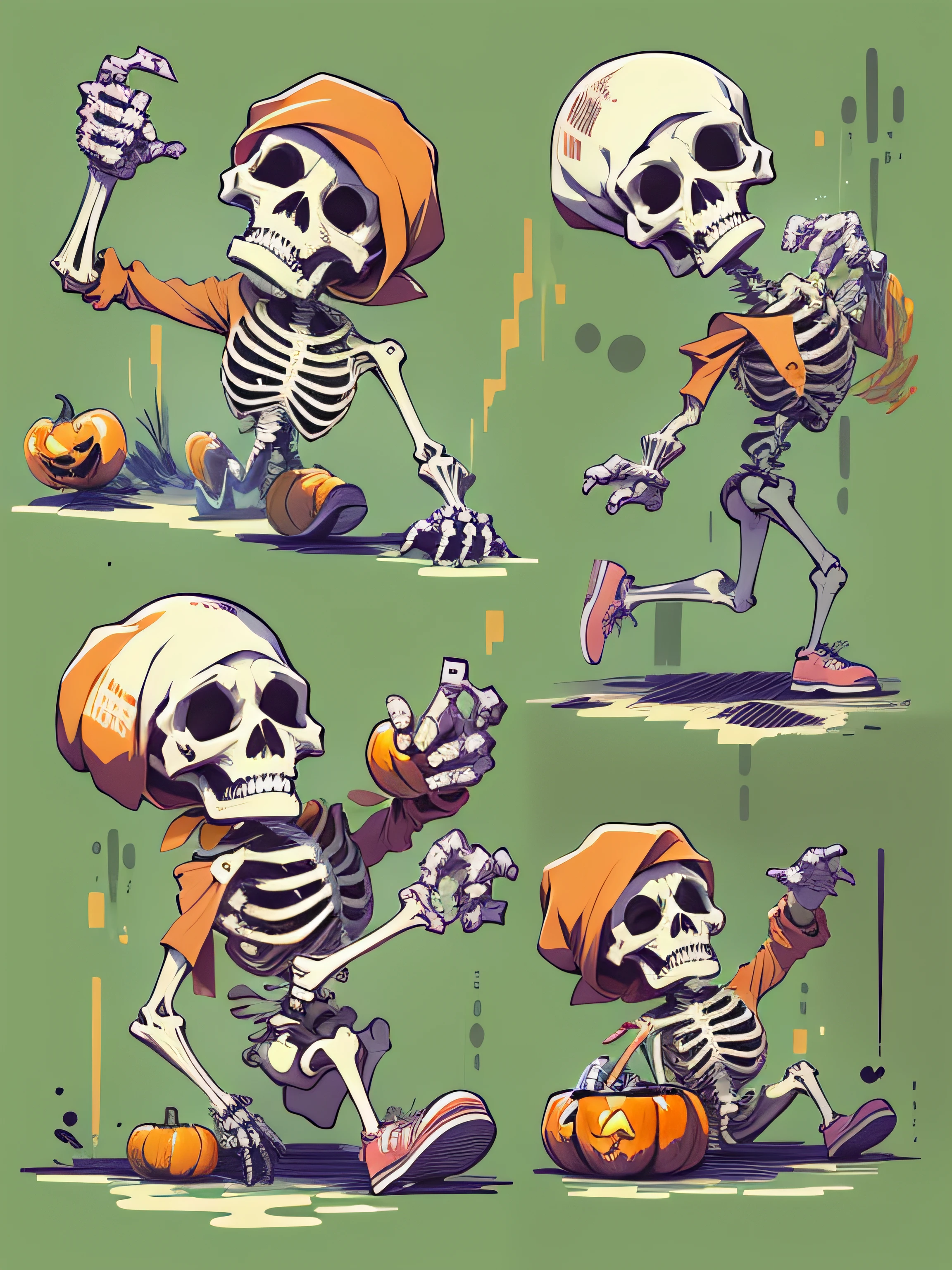 Vector, Print-ready colorful graffiti, illustartion: Cute skeleton, Halloween, action shot, high detail, whitebackground