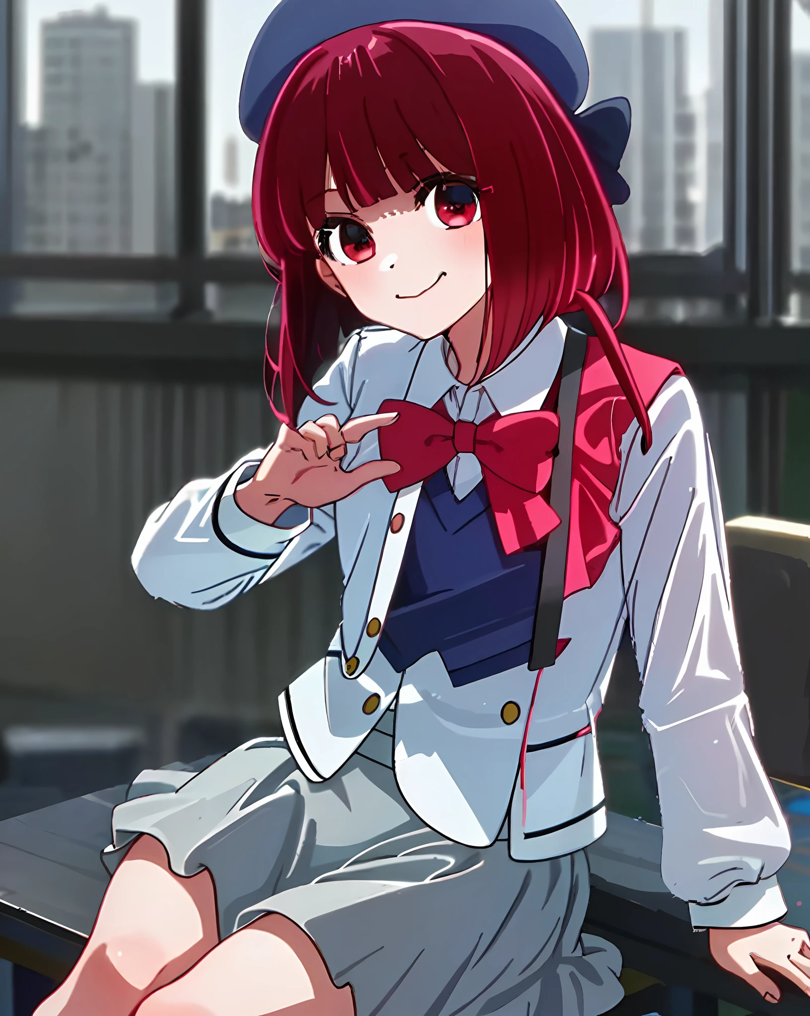 Masterpiece to detail, top quality, 1  girl, bangs, genius child , red hair, close-up, closed_mouth, baby face, ush, shy, blue hat, hat, bow, pink bow tie, school uniform, blue jacket, jacket, skirt, gray skirt, 1 small 15 year old giwhite shirt, legs, black socks, sitting, classroom, hair_ ornament, looking_at_viewer, beautiful detailed eyes, red eyes, devilish smile with mouth open and tongue sticking out, panties, skirt lifting, secret lesson, delicate color, low saturation, best shot of one scene from the movie, healthy