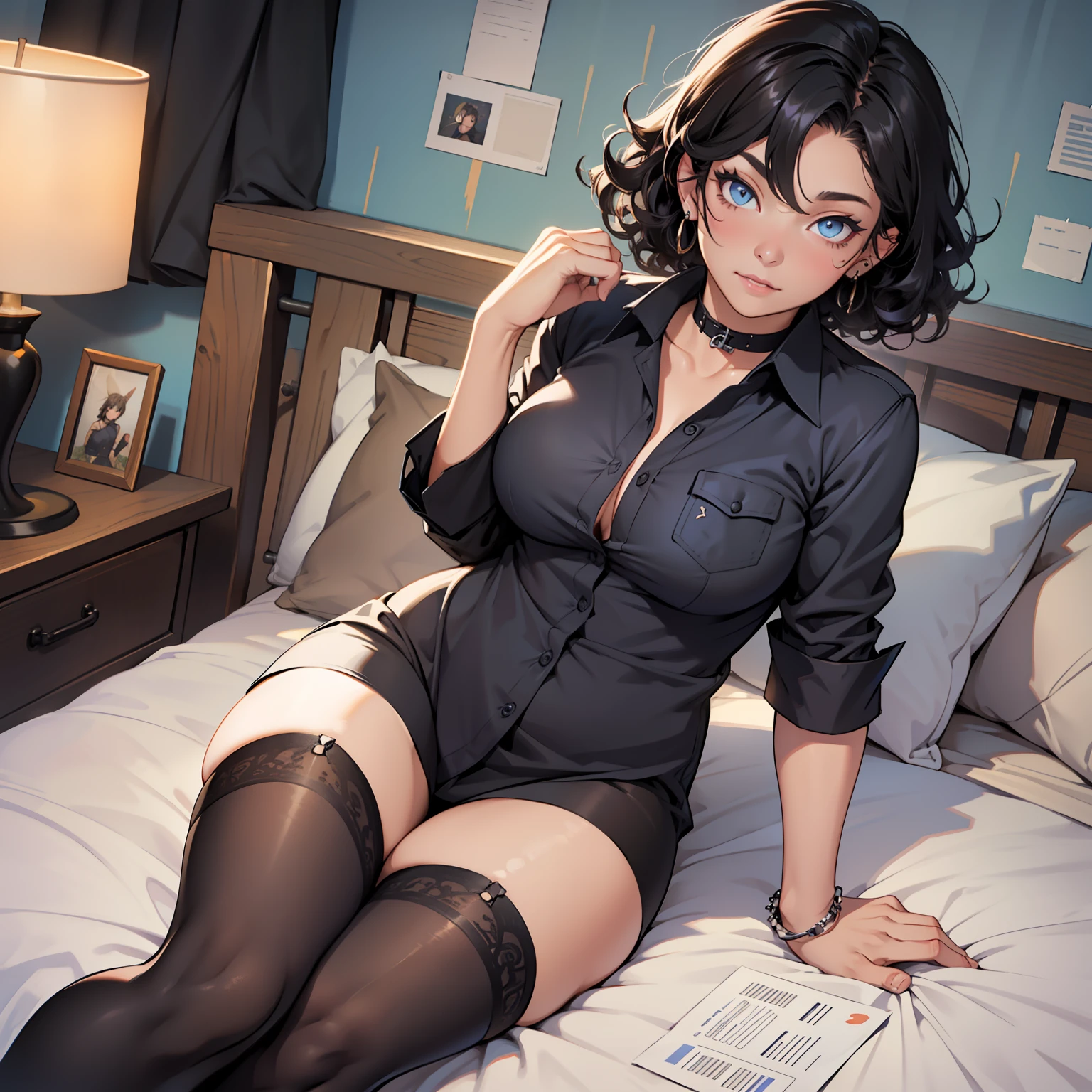 Beautiful female, short hair, black hair, curly hair, blue eyes, chubby female, doe eyes, piercings, wearing thigh highs, oversized shirt, black shirt, blue thigh highs, ecstasy expression, soft features, sitting on bed, olive skin, fine curly hair