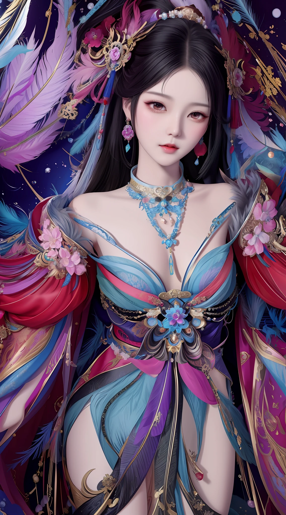Bai yu chinese woman in a colorful dress with feathers and jewels, a beautiful fantasy empress, beautiful character painting, ((a beautiful fantasy empress)), inspired by Lan Ying, inspired by Qiu Ying, hyperdetailed fantasy character, detailed digital anime art, fantasy art style, beautiful digital artwork, detailed fantasy digital art, by Yang J, 8k high quality detailed art