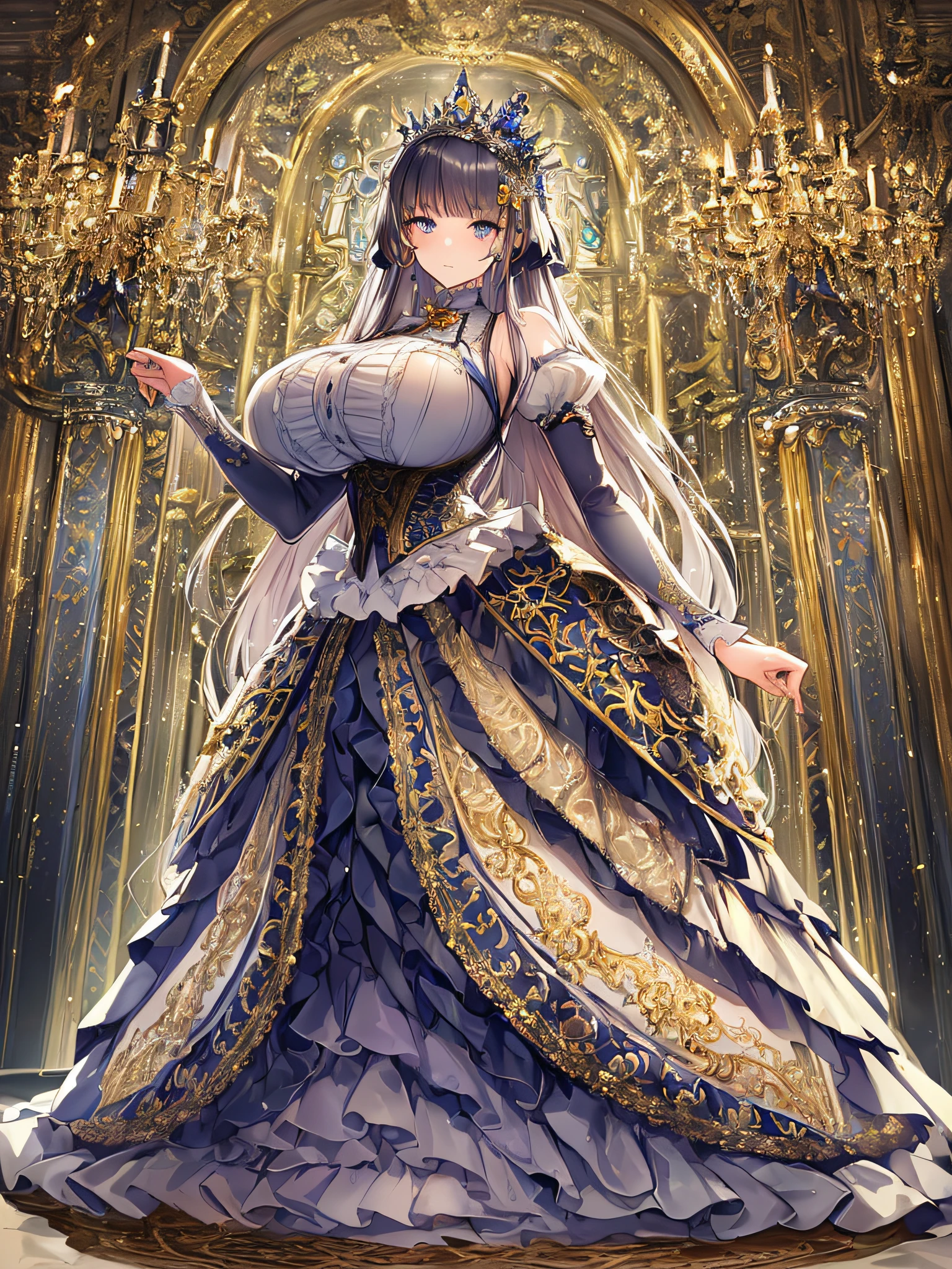 ((anime artstyle)),(Masterpiece),(Best Quality), (Super Detail),((Very Delicate and Beautiful)),((Solo)),((full body)),((1 princess in gorgeousfull victorian dress with voluminous skirt)),many ruffles,detailed face and eyes,jewel-like eyes,((voluminous Very Long Straight Hair)),((gorgeousfull embroidery and lace)),gorgeous corsage,See-through,gorgeousfull hair ornament,gorgeousfull glitter jeweled tiara,ornate ruffles,((gigantic breasts,Long breasts)),skindentation,((full body)),((hoop skirt,crinoline)),standing pose,Dynamic Angle,Looking at viewer,royal victorian palace,(((gorgeous embroidery gorgeousfull victorian dress with voluminous skirt)),full body