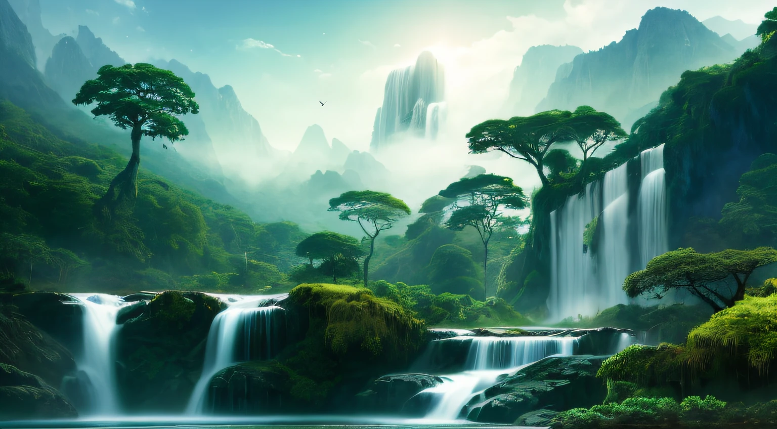View of Arafitte Falls，There is a tree in the middle, 4k hd matte digital painting, Nature wallpaper, beautiful mattepainting, beautiful landscape rendering, avatar landscape, 4 k matte painting, high quality matte painting, Majestic nature, matte painting scenery, dreamy matte painting, forest and waterfall, with trees and waterfalls, Fantasy art landscape