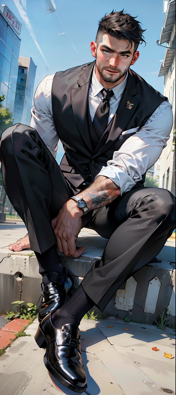 masterpiece, best quality, face, natural eyes, 1man, european, big feet, black socks, (in suit), a businessman in suit, sitting with leg stretched, full body, white shirt, only wear white shirt, black socks, black socks, black socks, leather shoe, large bulge, long legs, looking at viewer, 30 years old, muscled and mature, short haircut, legs streched, sweating, tight cloth, erecting