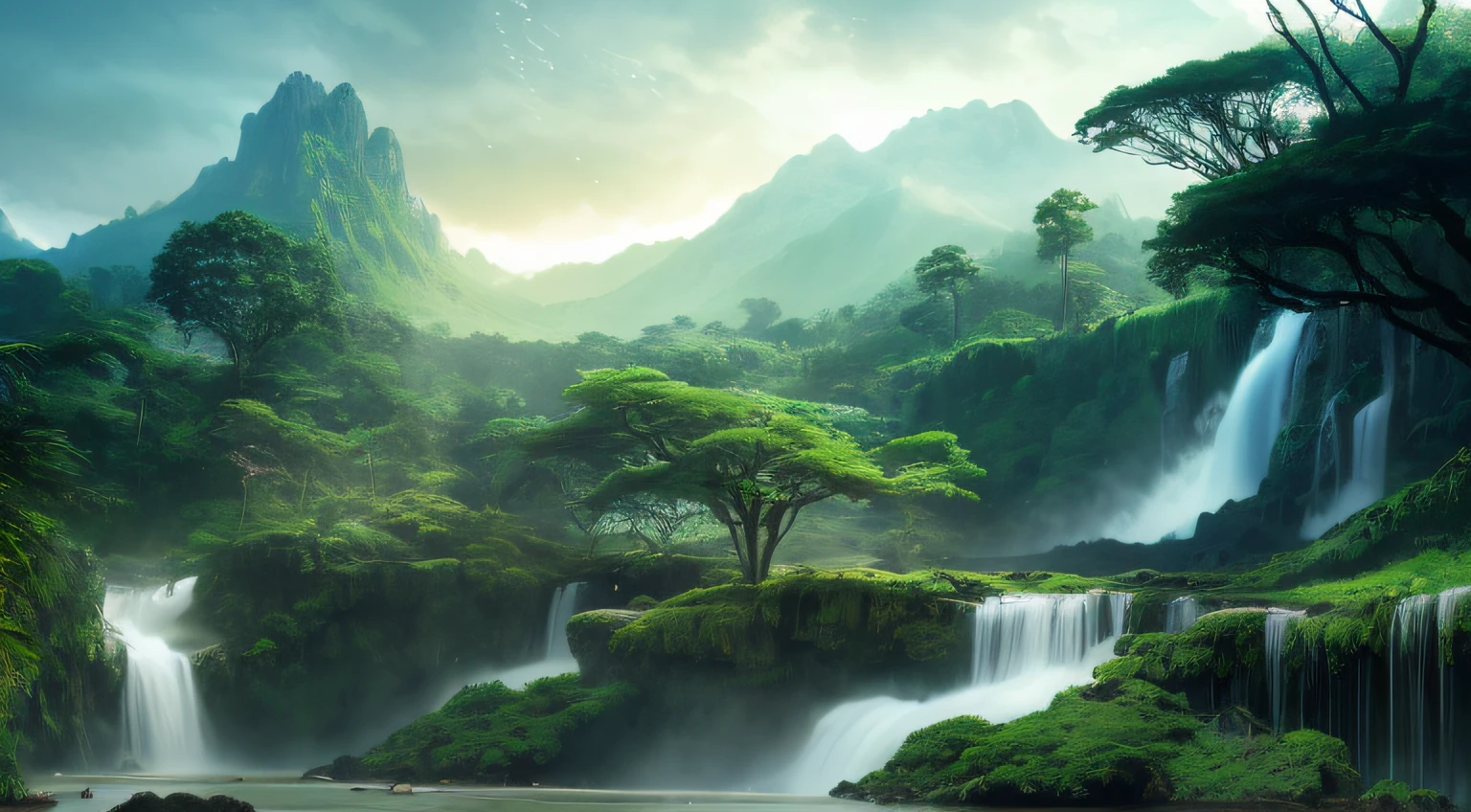 View of Arafitte Falls,There is a tree in the middle, 4k hd matte digital painting, Nature wallpaper, beautiful mattepainting, beautiful landscape rendering, avatar landscape, 4 k matte painting, high quality matte painting, Majestic nature, matte painting scenery, dreamy matte painting, forest and waterfall, with trees and waterfalls, Fantasy art landscape