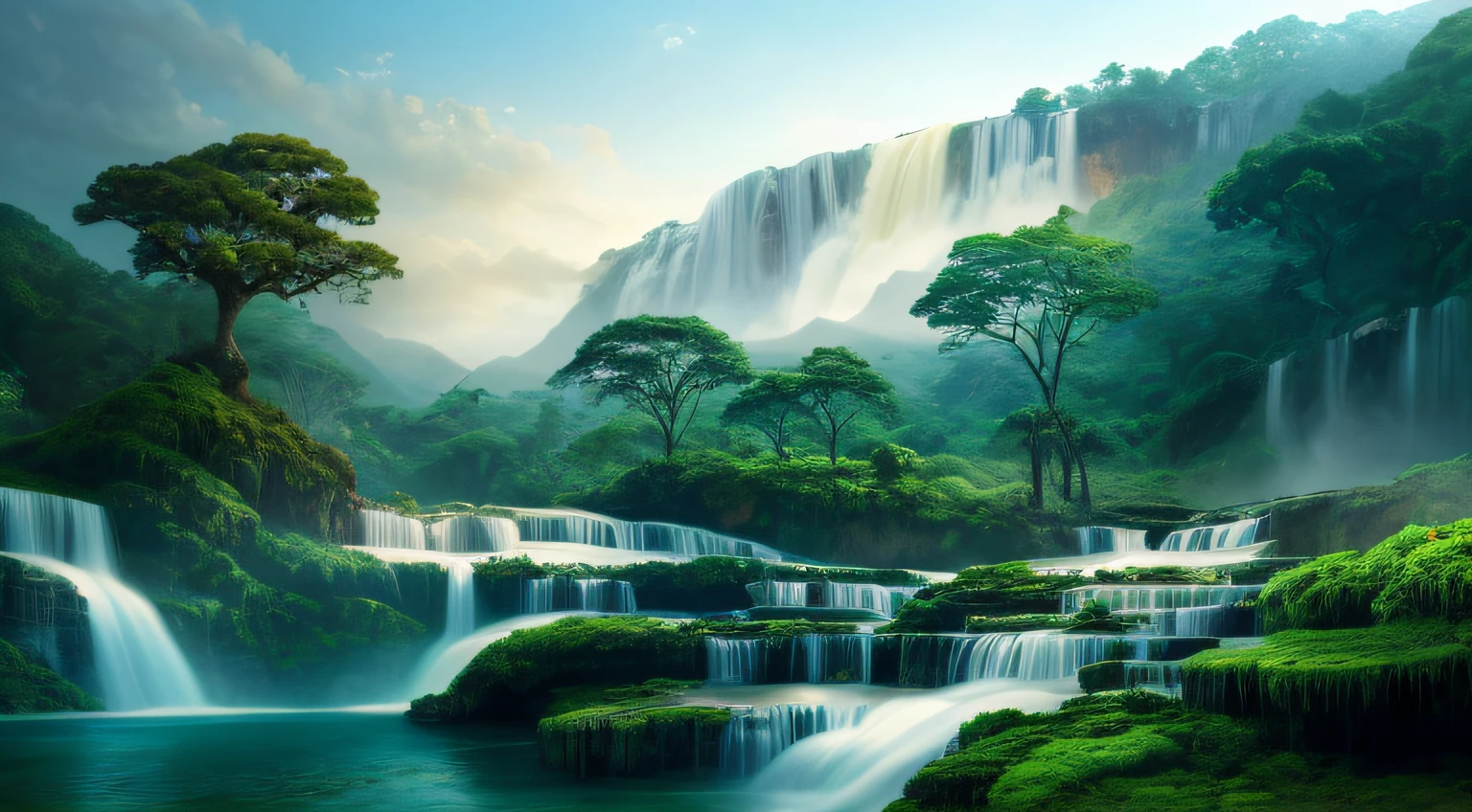 View of Arafitte Falls,There is a tree in the middle, 4k hd matte digital painting, Nature wallpaper, beautiful mattepainting, beautiful landscape rendering, avatar landscape, 4 k matte painting, high quality matte painting, Majestic nature, matte painting scenery, dreamy matte painting, forest and waterfall, with trees and waterfalls, Fantasy art landscape