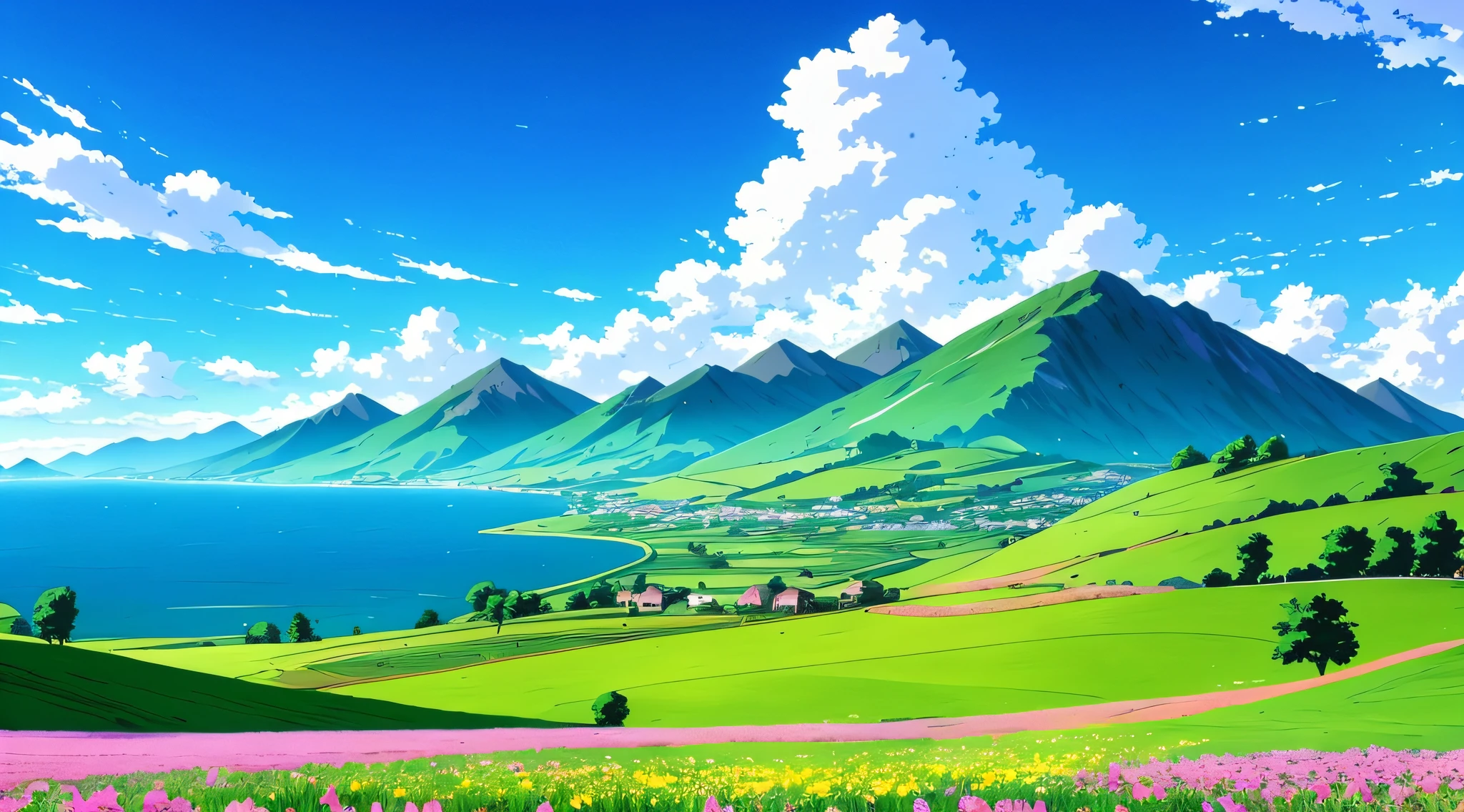 Green fields,Flowers and mountains in the background, anime landscape wallpapers, beautiful anime scenery, anime countryside landscape, scenery wallpaper, anime beautiful peace scene, Beautiful wallpaper, Amazing wallpapers, Landscape wallpaper, Anime landscape, Anime landscapes, very beautiful scenery, high quality desktop wallpaper, beautiful anime scenes, landscape artwork, anime movie backgrounds, very very beautiful scenery, anime backgrounds