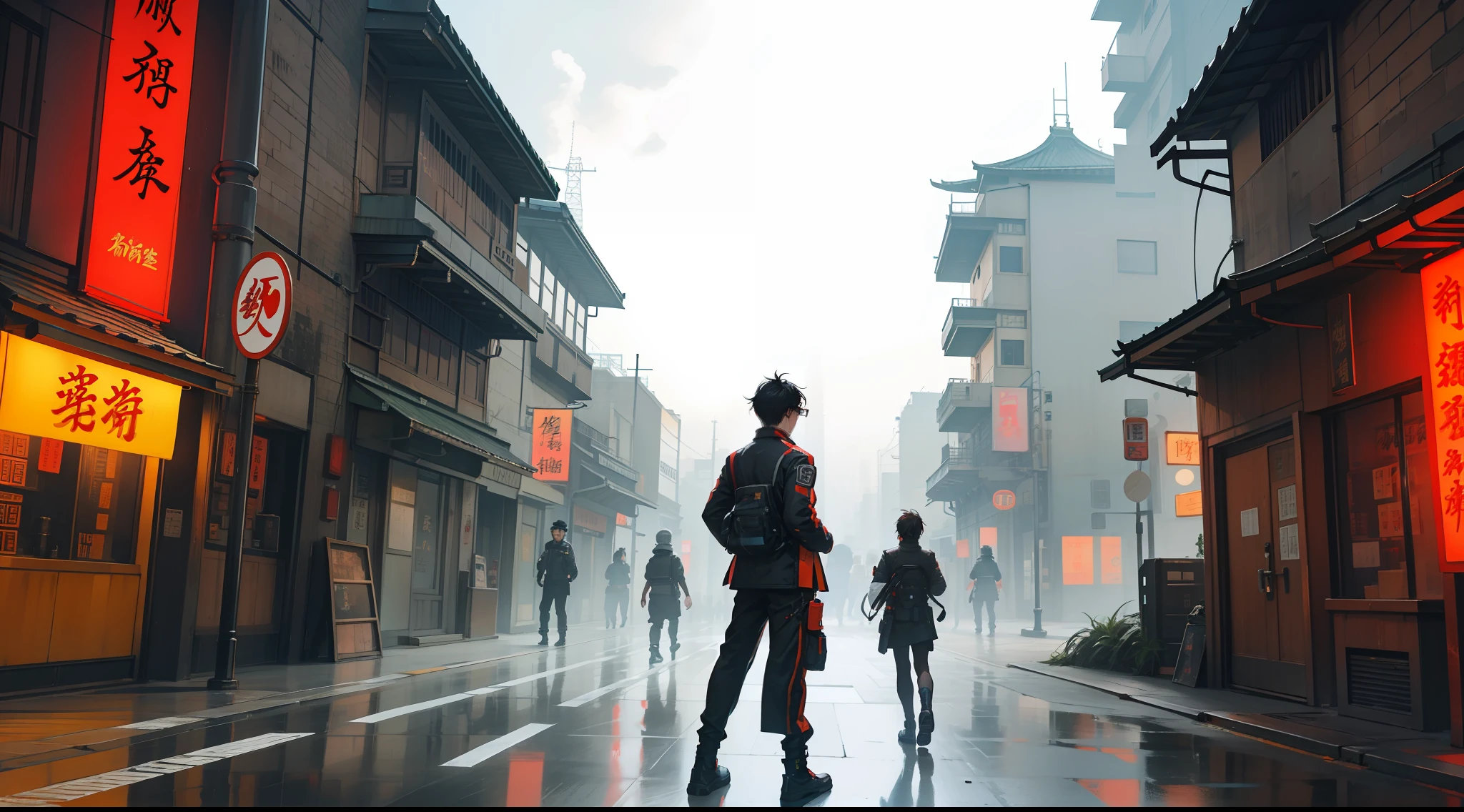 Chinese streets, A man wearing smart glasses stands in the street with his back to him。, There is an AR sign on the building, Tech-savvy signboard, cyber punk perssonage, Futuristic atmosphere, low perspective, Cyberpunk ancient Chinese architecture, Well-lit building, the sideview, Beautiful and aesthetic, photography of, cinematic ligh, 8K, high detal
