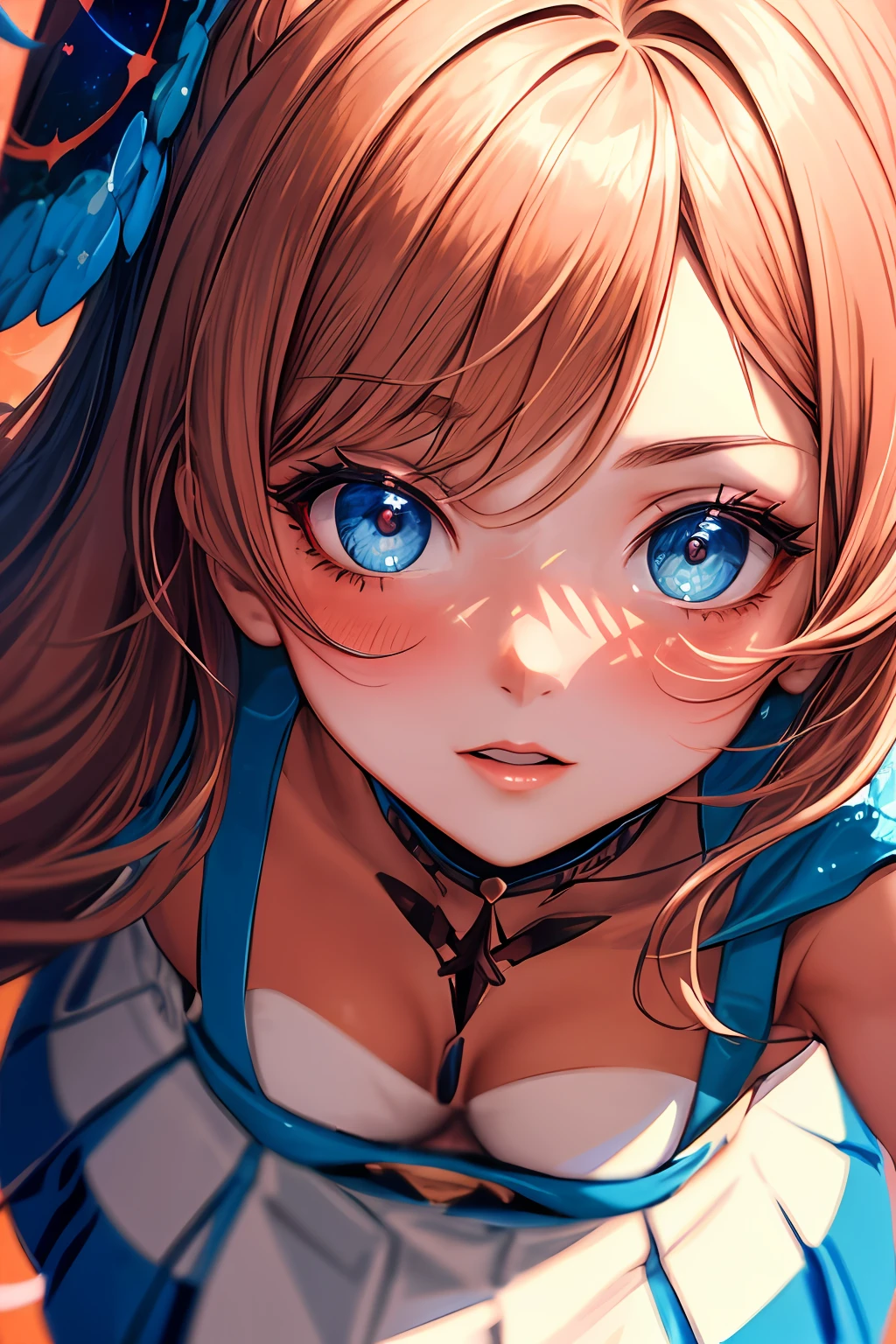 (masterpiece, best quality), ultra-detailed, illustration,high contrast, close up portrait, face focus, (POV, cowboy shot), (blush), cosmic, (abstract, stylized art:1.2),fantasy large_breasts,1girl, tan hair, tsukumo sana, hair ornament, dress, blue skirt, white skirt, halterneck