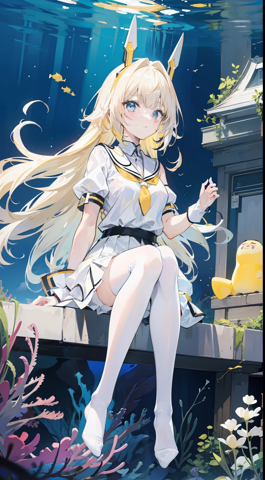 Masterpiece（（tmasterpiece）），（white short blouse），（（black micro skirt）），（（White transparent stockings）），（No shoes on），adolable，Raised sexy，is shy，（Long yellow）Hair，Red tie，（head gear），At the bottom of the sea