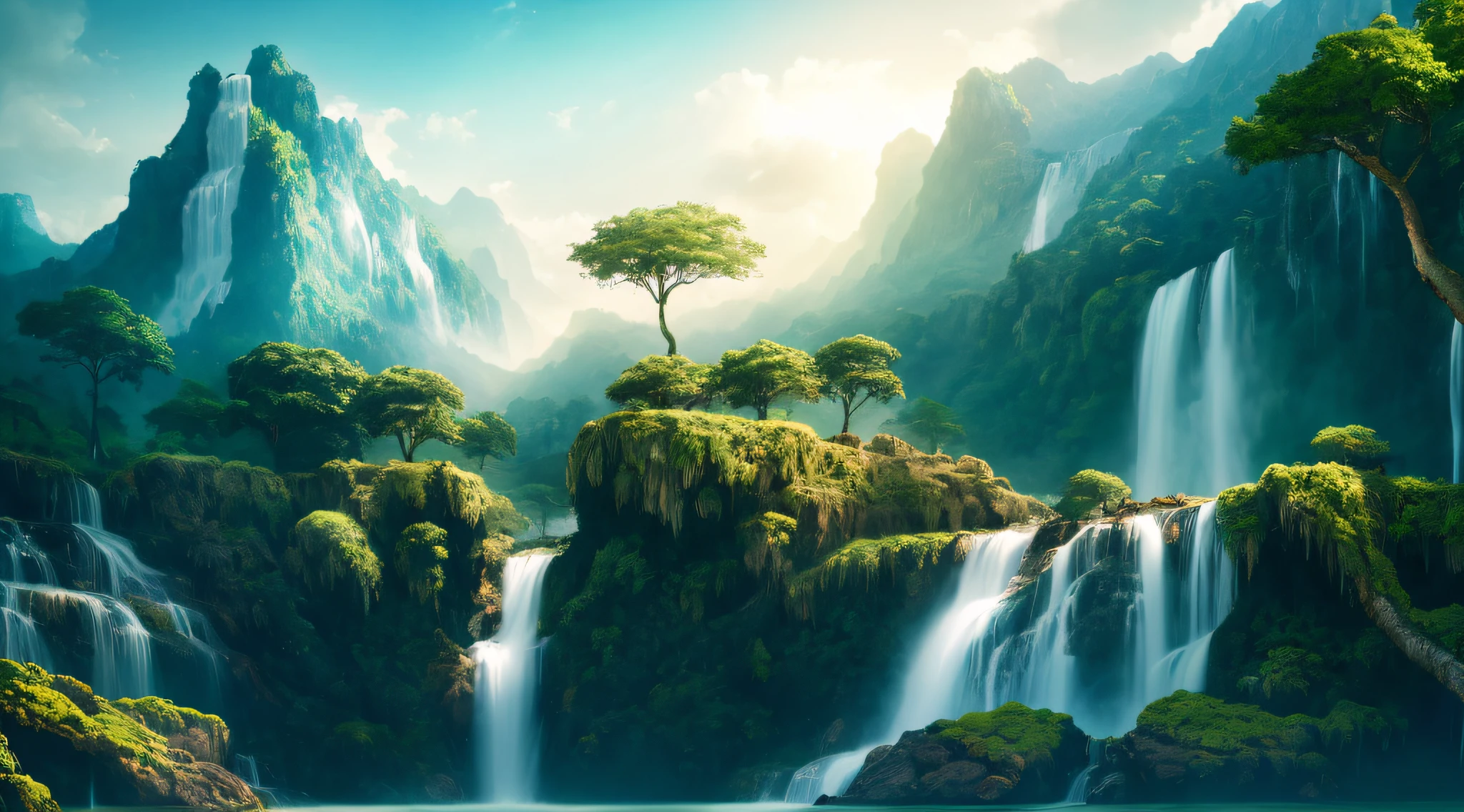 View of Arafitte Falls，There is a tree in the middle, 4k hd matte digital painting, Nature wallpaper, beautiful mattepainting, beautiful landscape rendering, avatar landscape, 4 k matte painting, high quality matte painting, Majestic nature, matte painting scenery, dreamy matte painting, forest and waterfall, with trees and waterfalls, Fantasy art landscape