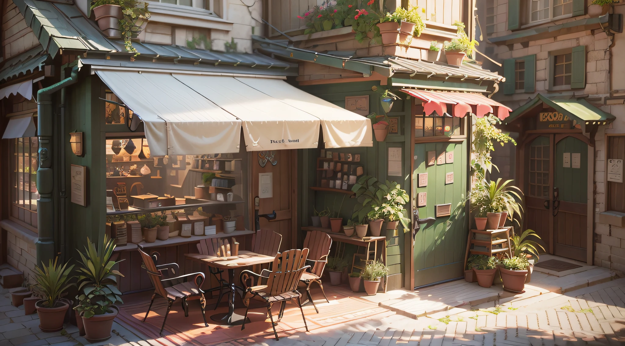 there is a patio with a table and chairs and a door, by senior environment artist, relaxing concept art, inspired by senior environment artist, beautiful 3 d concept art, environment art, 3 d stylize scene, cozy cafe background, anime scenery concept art, akihiko yoshida. unreal engine, anime background art, realistic 3 d style, highly detailed scene