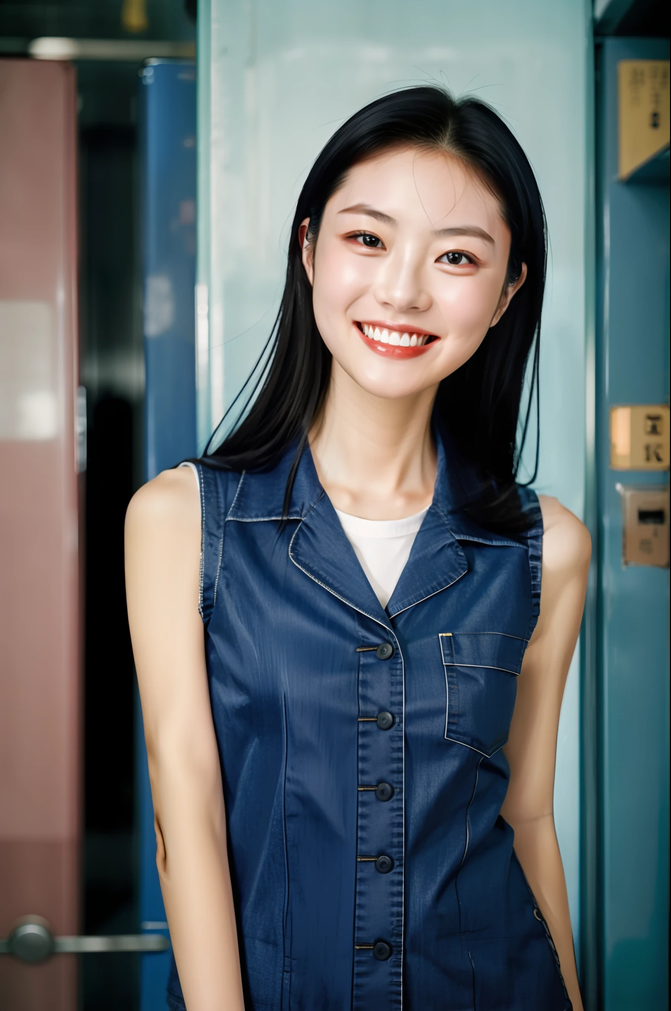 1girl, idol, depth of field, photo, film, upper body, face, skinny, smile, teeth, school, locker, (8k, RAW photo, best quality, masterpiece:1.2)