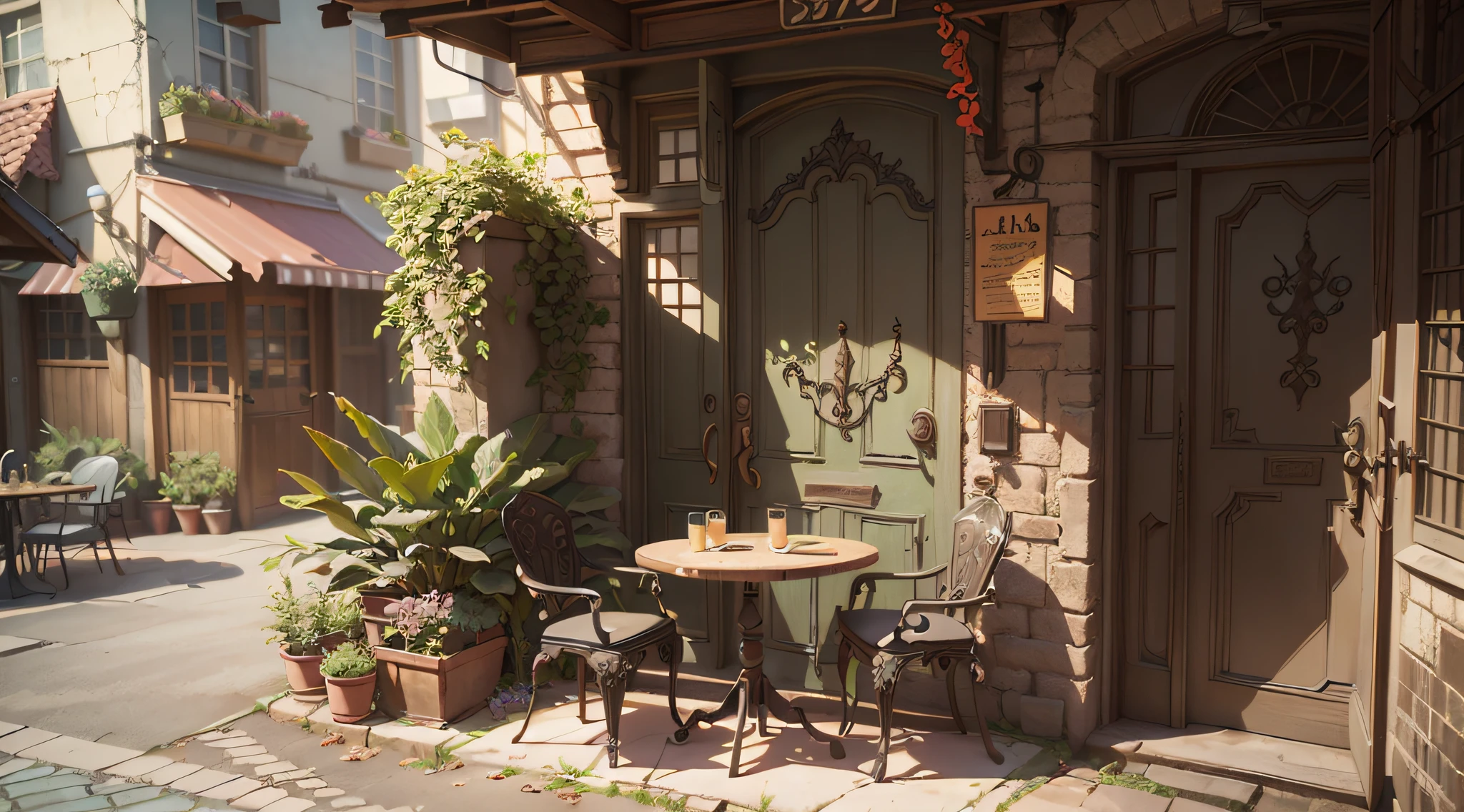 there is a patio with a table and chairs and a door, by senior environment artist, relaxing concept art, inspired by senior environment artist, beautiful 3 d concept art, environment art, 3 d stylize scene, cozy cafe background, anime scenery concept art, akihiko yoshida. unreal engine, anime background art, realistic 3 d style, highly detailed scene
