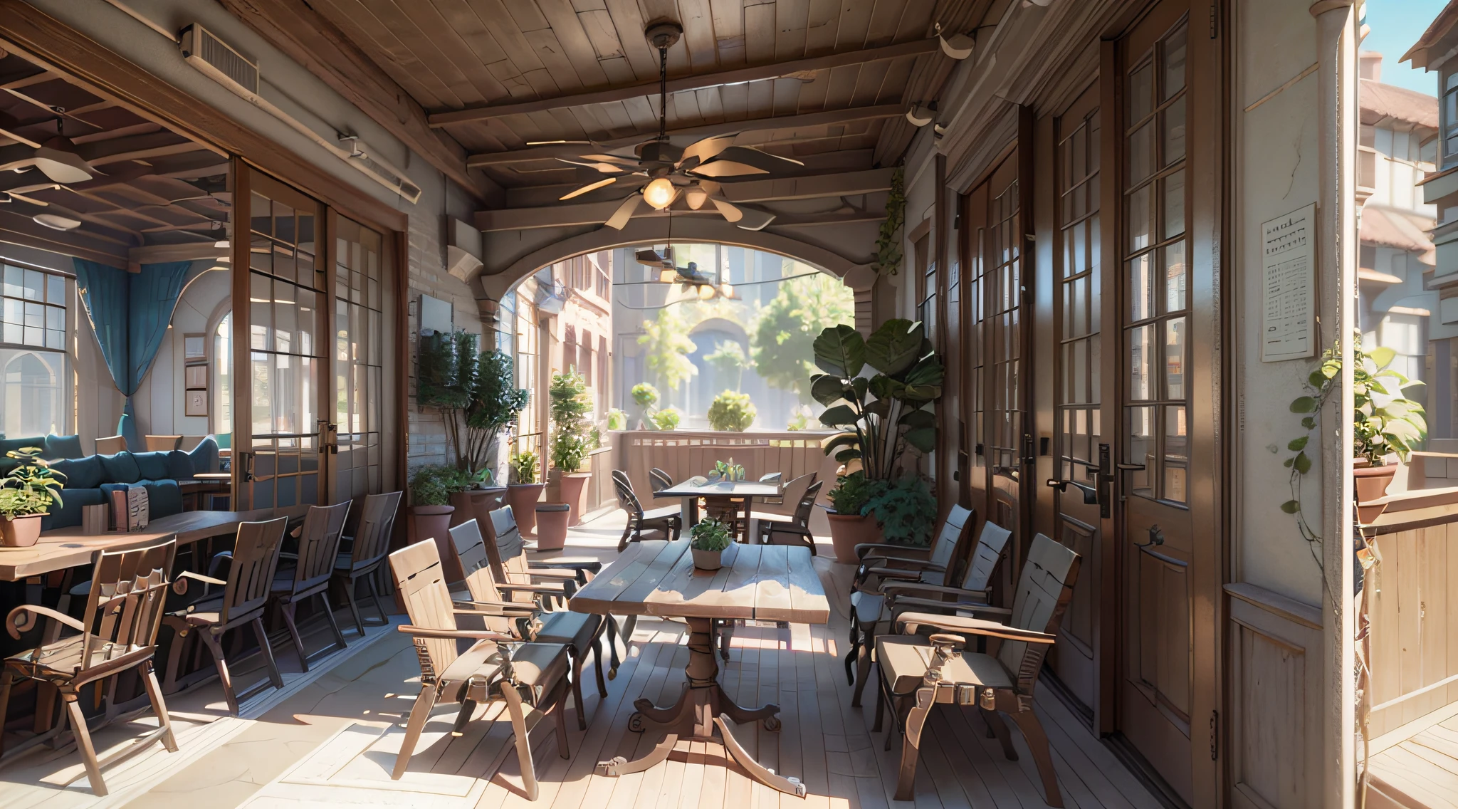there is a patio with a table and chairs and a door, by senior environment artist, relaxing concept art, inspired by senior environment artist, beautiful 3 d concept art, environment art, 3 d stylize scene, cozy cafe background, anime scenery concept art, akihiko yoshida. unreal engine, anime background art, realistic 3 d style, highly detailed scene