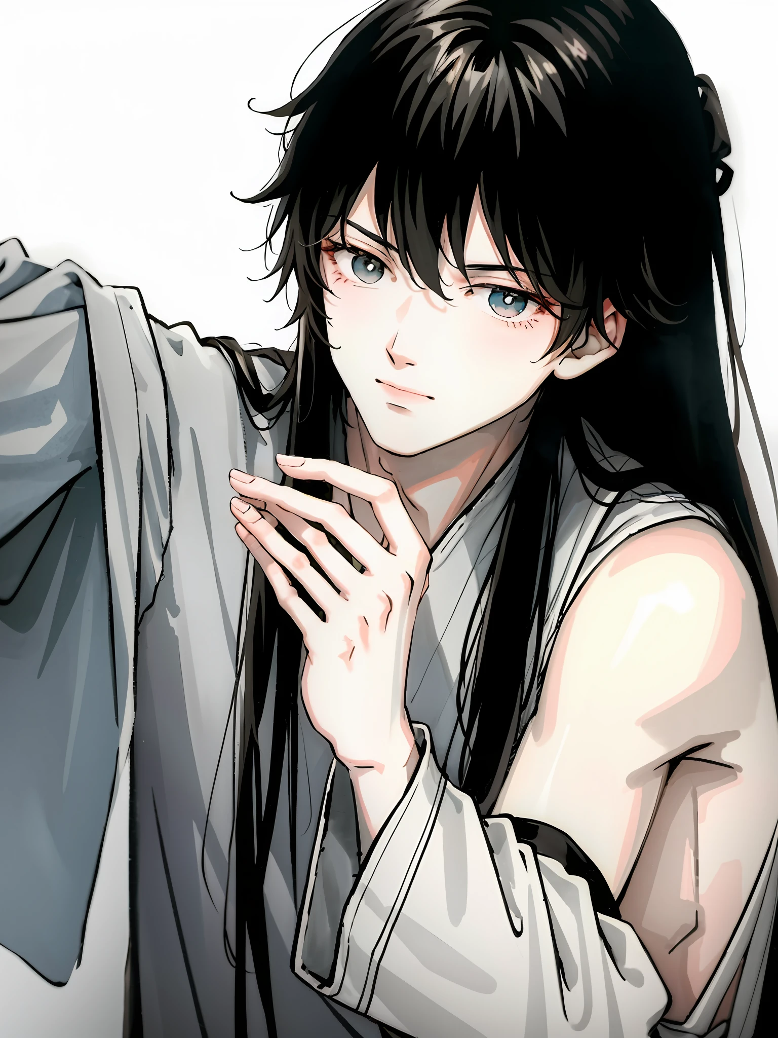 A man with long black hair and a white Chinese dress