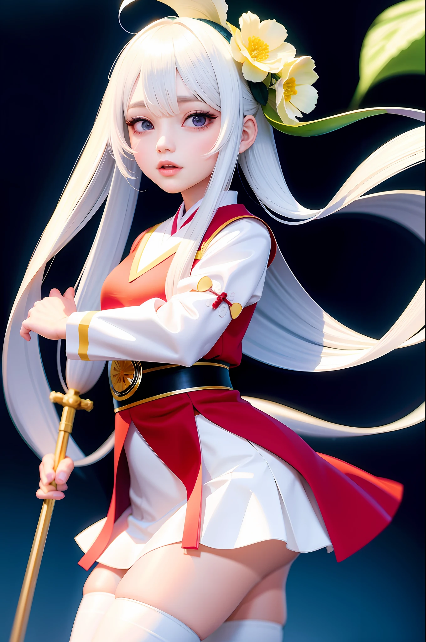 ((Solo)),1 girl,Kpop idol,Best quality, Masterpiece,White hair,Thighs and pantyhose,Hanfu,flower,Hanfu girl,(Detailed face:1.2)，facial closeups