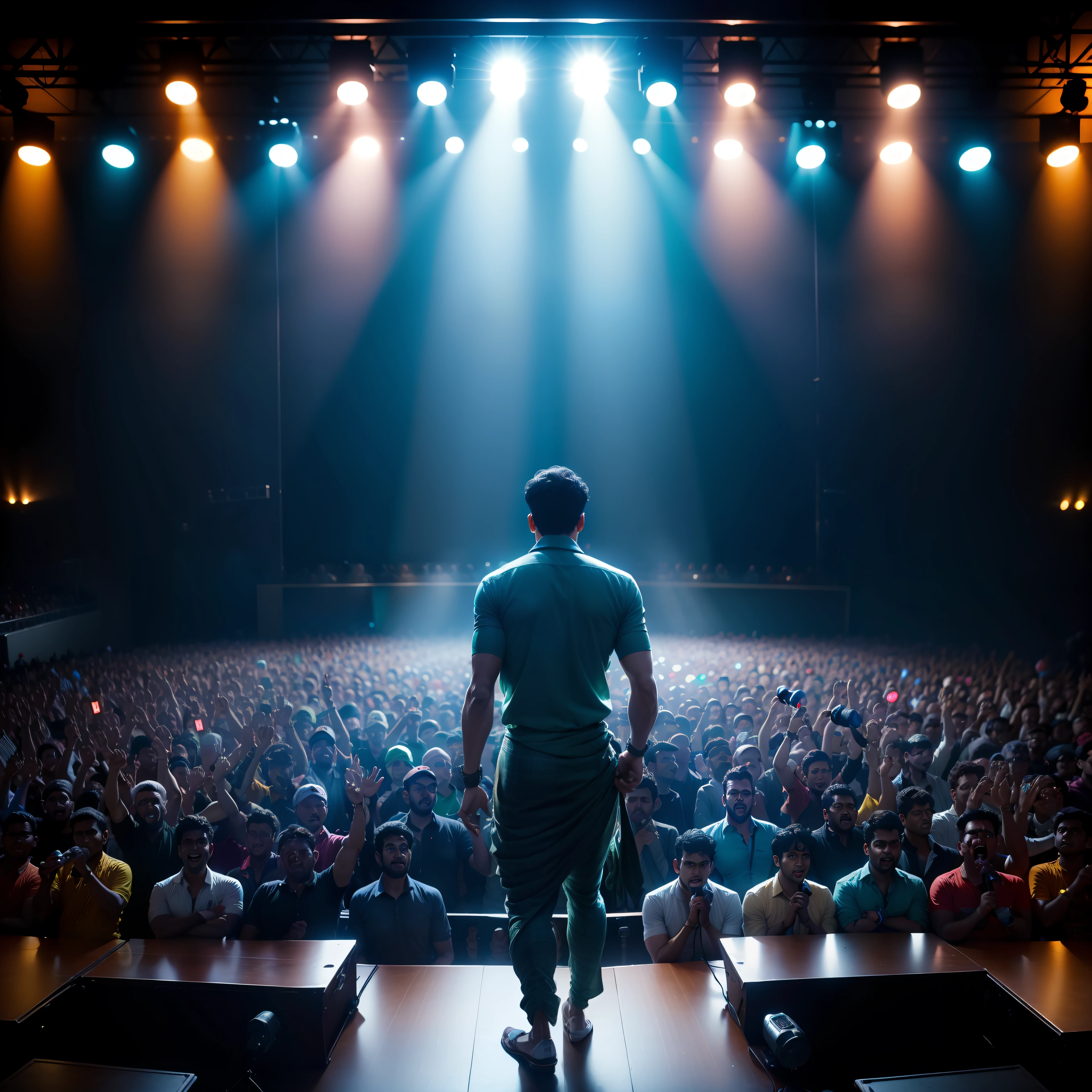 25 year old man standing on stage in a bar wearing lungi, Indian, crowd laughing, doing stand up comedy, laughing, (((holding microphone))), (((crowd cheering))), spotlight, people laughing, (((camera flashes in crowd))), full shot, wide shot, 8k render, volumetric lighting, cinematic, hyper realistic photo, warm lighting, crowd clapping