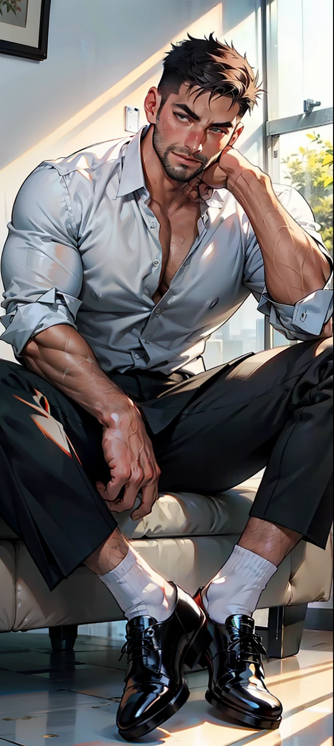 masterpiece, best quality, face, natural eyes, 1man, european, big feet, black socks, (in suit), a businessman in suit, sitting with leg stretched, full body, white shirt, only wear white shirt, black socks, black socks, black socks, leather shoe, large bulge, long legs, looking at viewer, 30 years old, muscled and mature, short haircut, legs streched, sweating, tight cloth, erecting