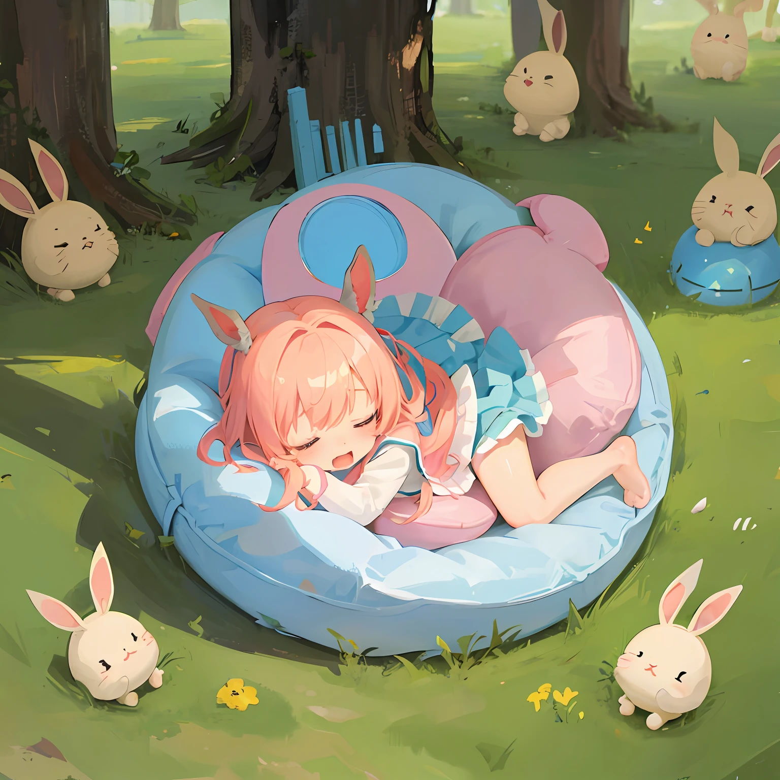 Chibi, Chibi Character, Deformed, Rabbit Cosplay Girl, Happy sleeping face curled up and sleeping on its side, Open mouth, Drooling, Anime, Manga, Illustration, Fantasy