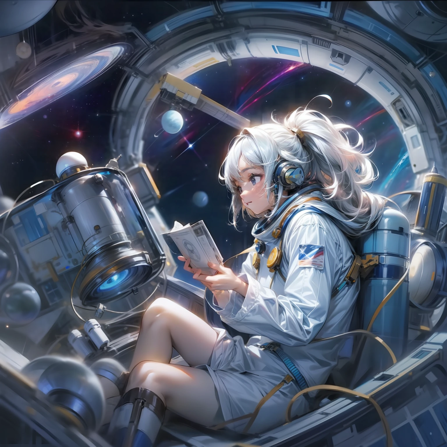 8K、Illustration of a female scientist in space exploration in ultra-high definition detail。She wears a white coat、We are passionate scientists who explore space。Her knowledge and passion challenge the mysteries of the universe.。

The background is an expanse of outer space、stele々and galaxies are depicted。She is working on research to unravel the mysteries of the universe inside a spaceship。

The pose is as if you were conducting an experiment in a spaceship.、We use our expertise to immerse ourselves in scientific research。Her serious expression and the labware in her hand express her passion as a scientist.。

The costume is based on a white coat.、You can feel the expertise of a scientist。It depicts her tackling the mysteries of the universe.。

Color coupled with the mystical spectacle of the universe、Her knowledge and passion shine towards the infinite possibilities of the universe。

The effect depicts the environment inside the spaceship、The solemn atmosphere of her research is expressed。pure、The beauty and vastness of outer space enhances her inquisitive spirit。

Background effects depict the mysteries of the universe、Her passion and excitement for space exploration color the entire illustration。It depicts her knowledge and passion tackling the mysteries of the universe。