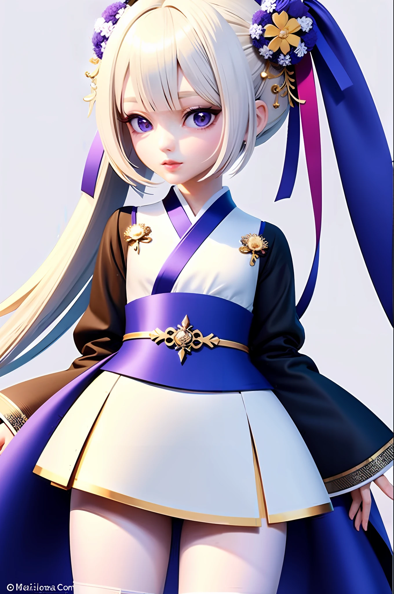 ((Solo)),1 girl,Kpop idol,Best quality, Masterpiece,White hair,Thighs and pantyhose,Hanfu,flower,Hanfu girl,(Detailed face:1.2),facial closeups
