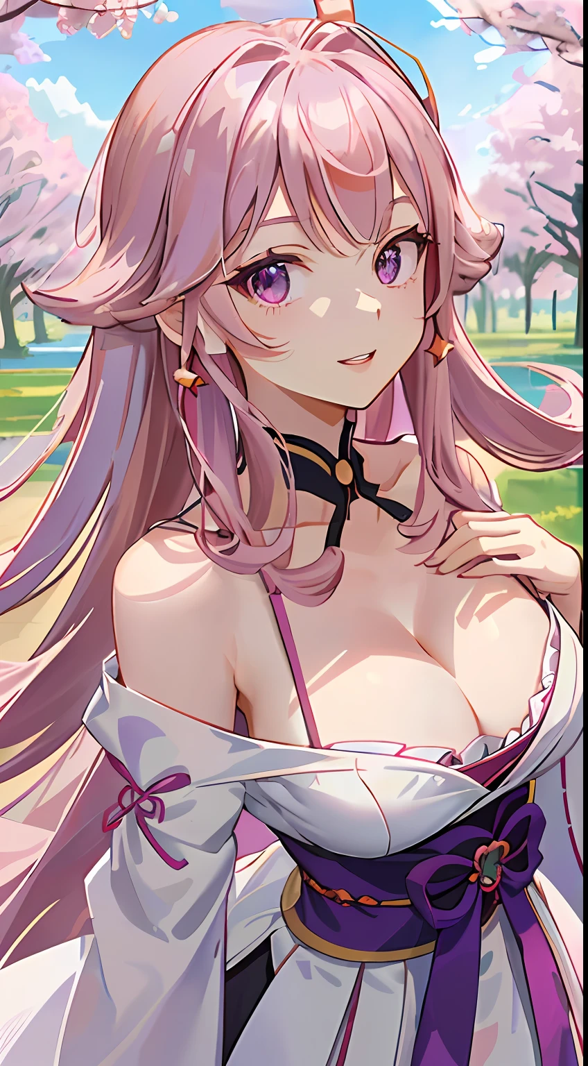 Yae_miko,Off-the-shoulder attire,(Lateral thoracic 1.3),(Large breasts),(No clothes around the neck 1.4),(No decoration on the chest),facial closeups,Raised sexy,NSFW,(cleavage 1.4),Top-down view,(Close-up 1.3), 1girll, Detached_Sleeves, jewely, cparted lips, Long_Hair, Long_Sleeves, Purple eye, A pink-haired, obi strip, 独奏, Wide_Sleeves,ssmile,
tmasterpiece,Best quality,8K,(Dreamy background),the cherry trees,Greenery,grassy fields,with blue sky and white clouds,Light wind