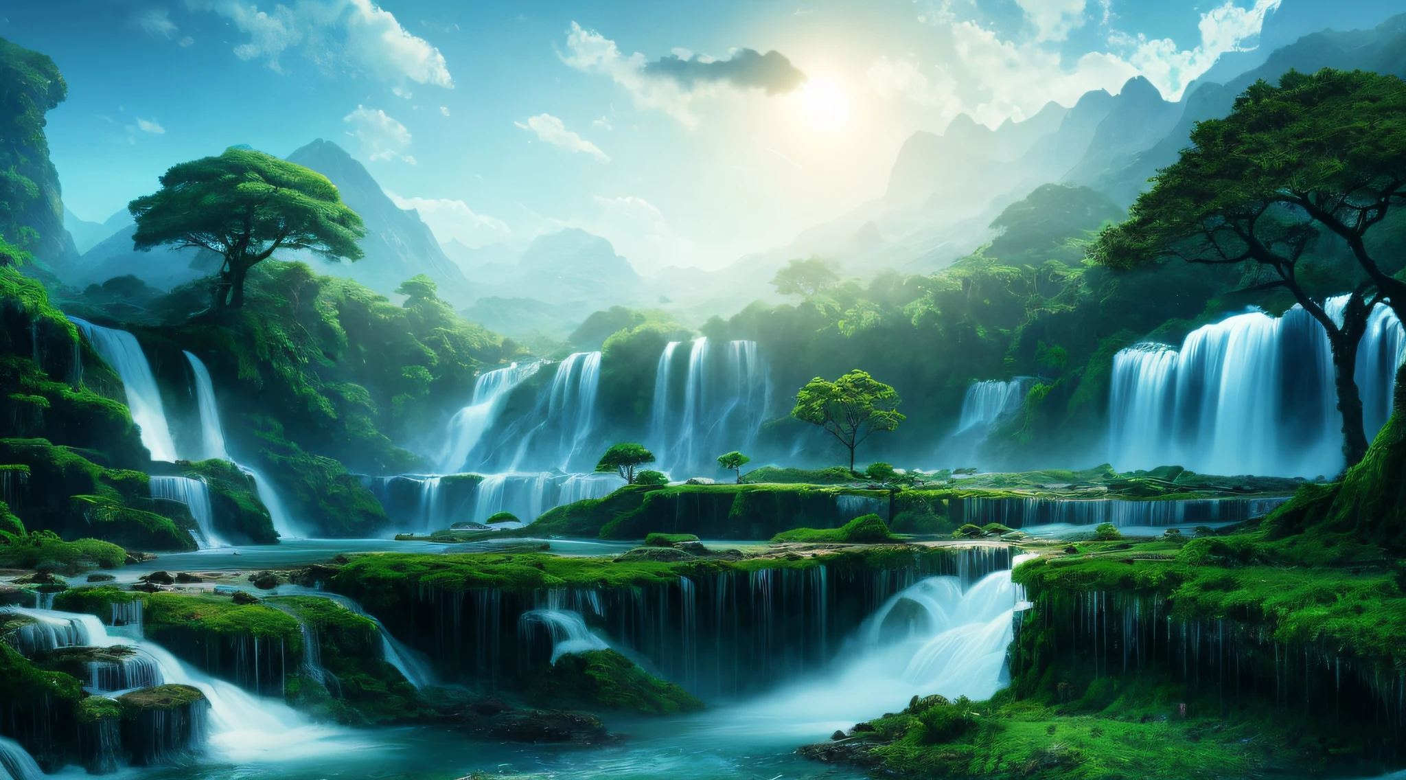 View of Arafitte Falls，There is a tree in the middle, 4k hd matte digital painting, Nature wallpaper, beautiful mattepainting, beautiful landscape rendering, avatar landscape, 4 k matte painting, high quality matte painting, Majestic nature, matte painting scenery, dreamy matte painting, forest and waterfall, with trees and waterfalls, Fantasy art landscape